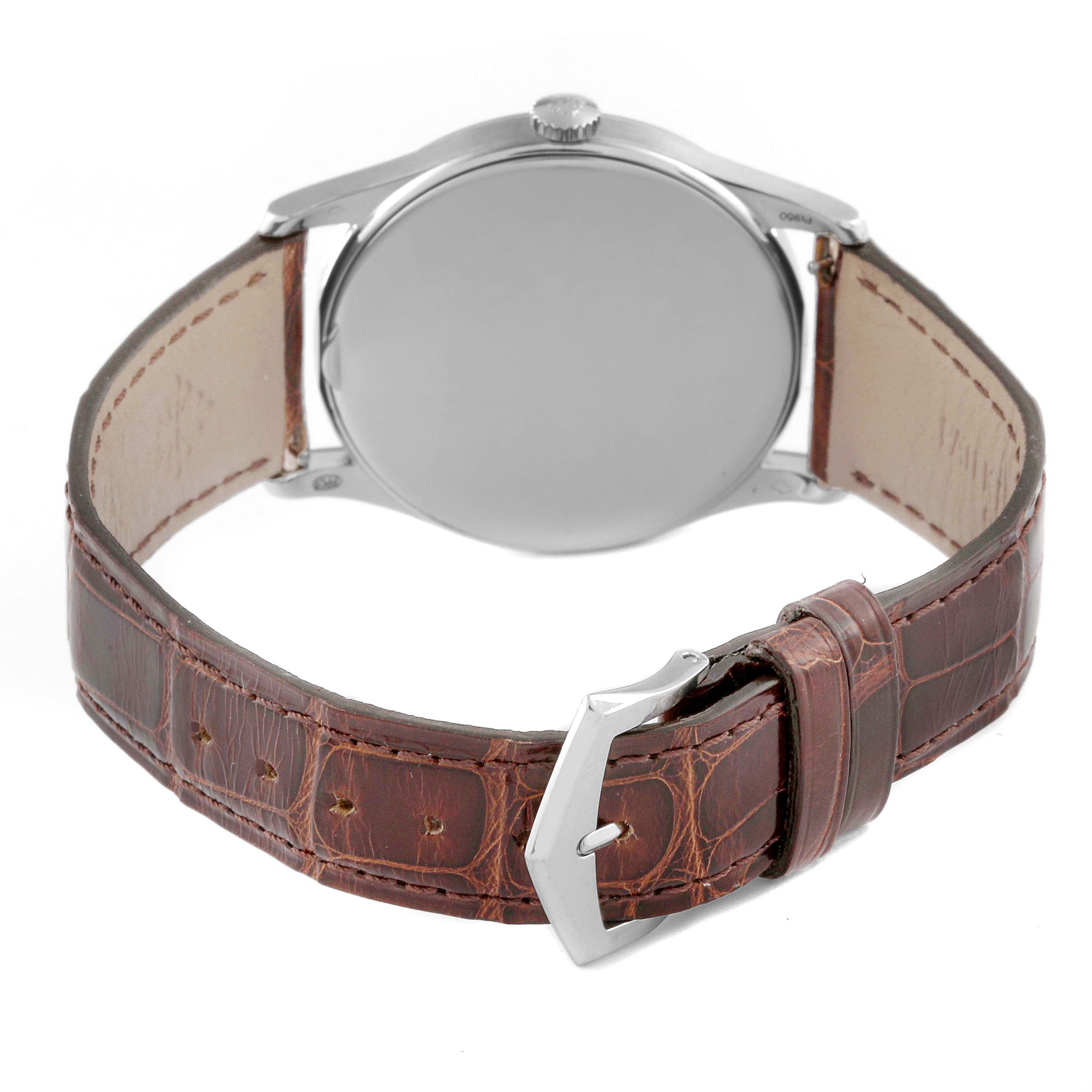 The image shows the back view of a Patek Philippe Calatrava 5196P-001 Men's Platinum Silver Dial, highlighting its leather strap and buckle.