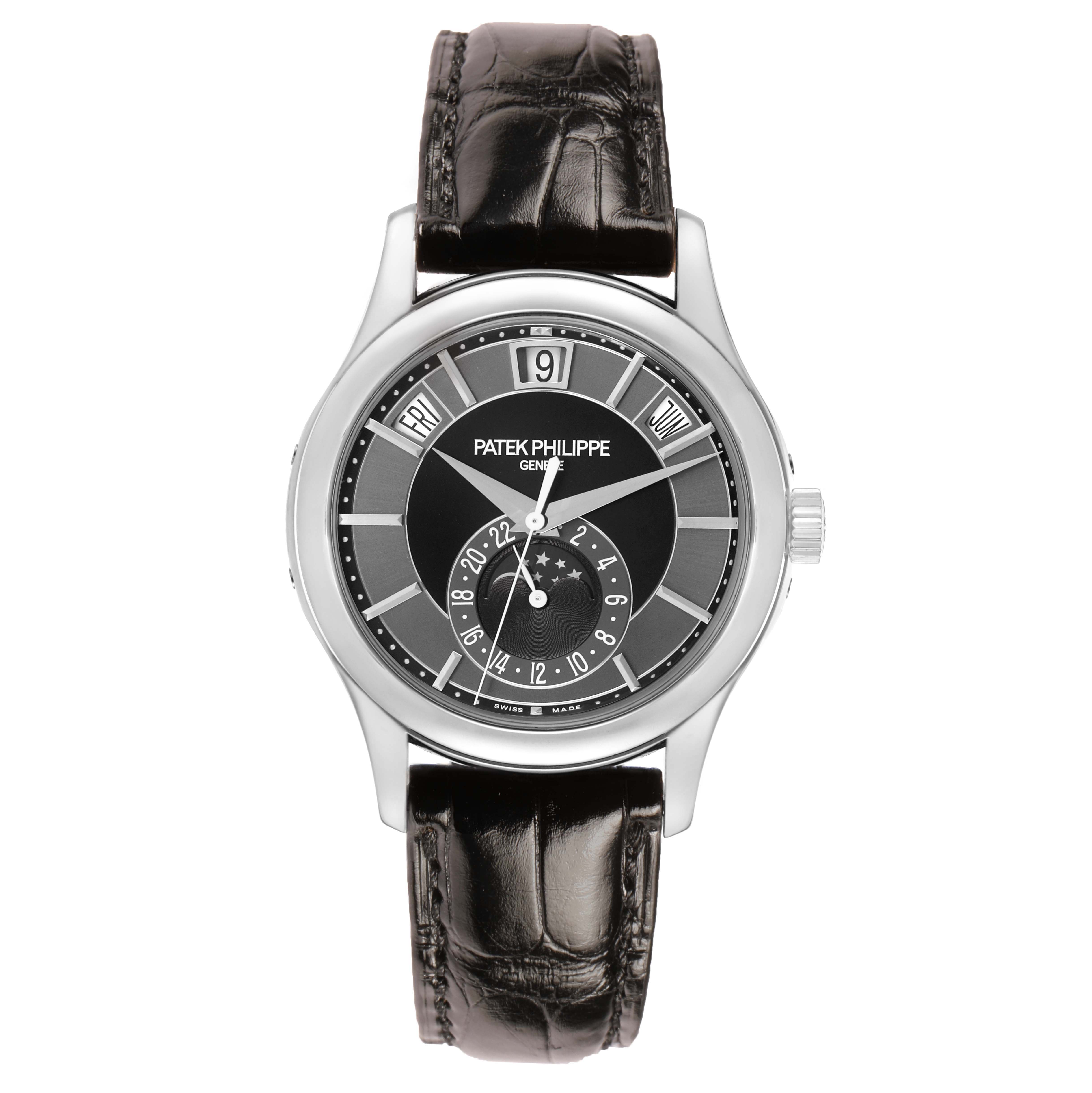 The Patek Philippe Complications 5205G-010 Men's White Gold Grey Dial watch is shown from the front, highlighting its dial, case, and leather strap.