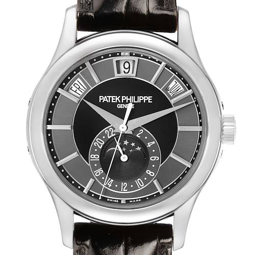 The Patek Philippe Complications 5205G-010 Men's White Gold Grey Dial watch is shown from the front, displaying the dial, hands, and date indicators.