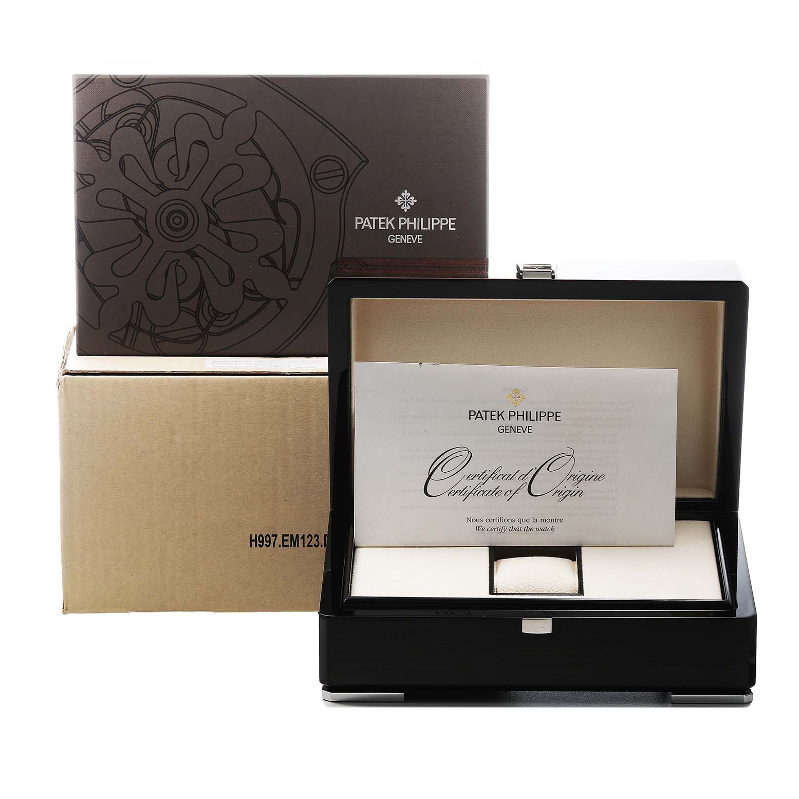 The image shows a Patek Philippe Complications 5205G-010 Men's White Gold Grey Dial watch box and certificate, angled to display the open case and packaging.