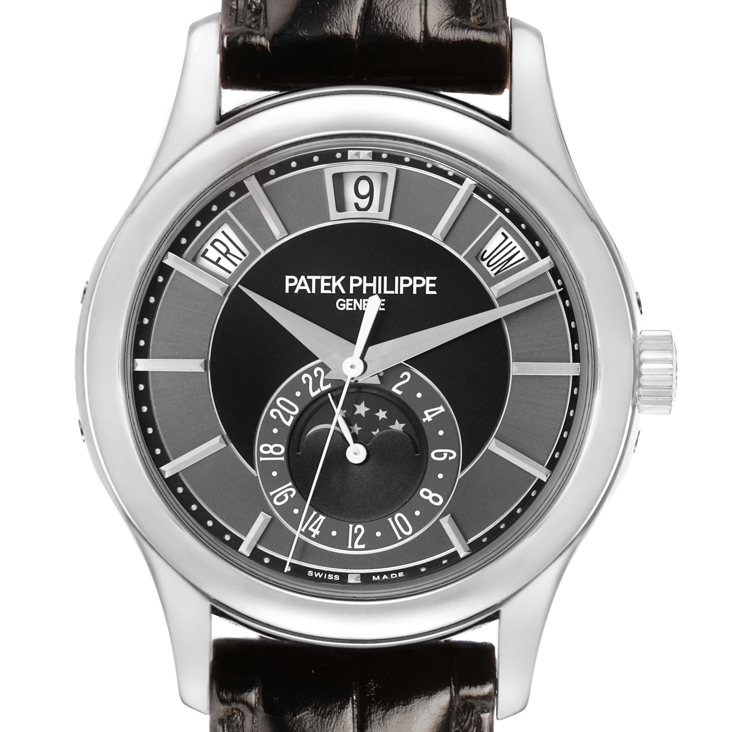 The Patek Philippe Complications 5205G-010 Men's White Gold Grey Dial watch is shown from the front, highlighting the dial and strap.