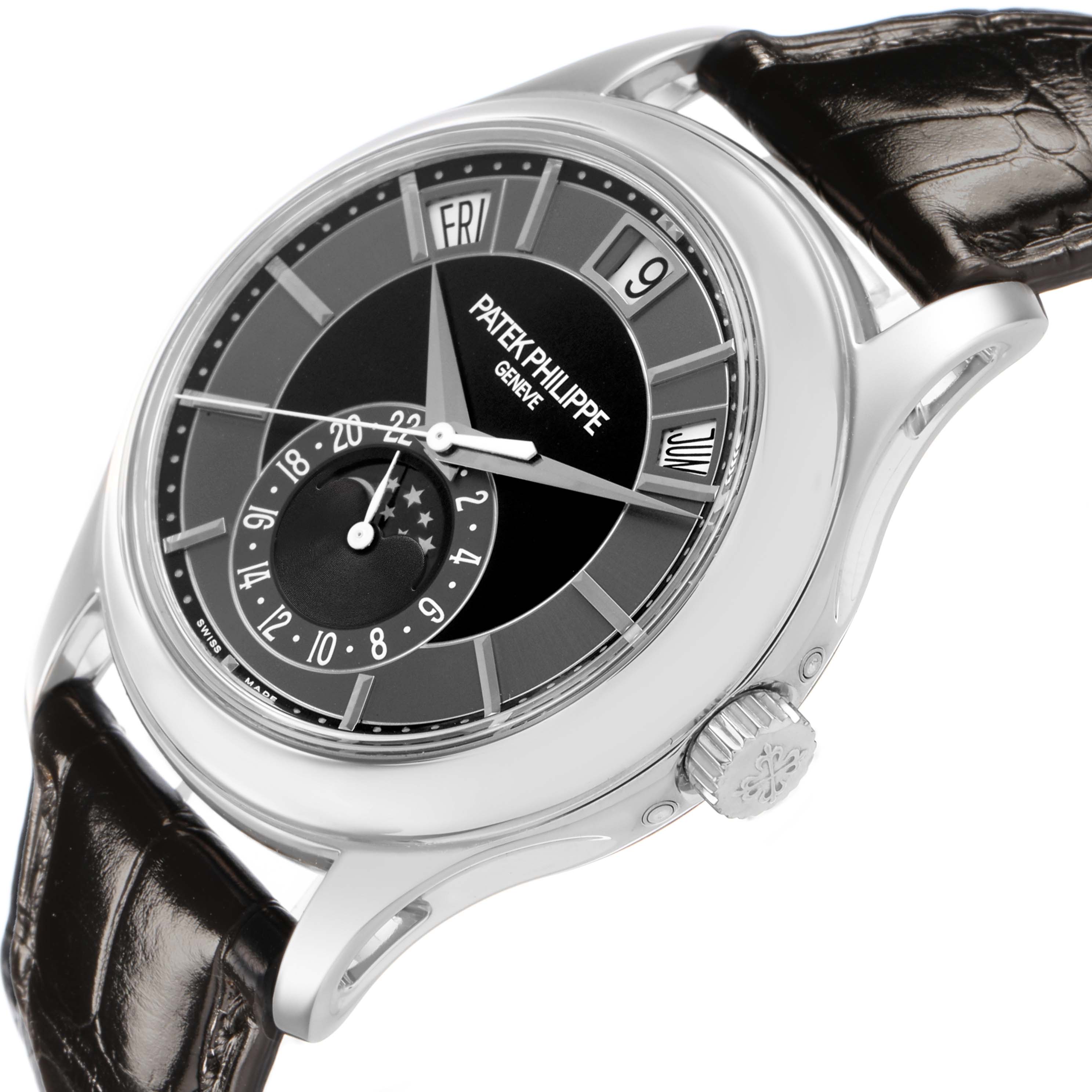 The Patek Philippe Complications 5205G-010 Men's White Gold Grey Dial watch is shown at a three-quarter angle, highlighting the dial, crown, and strap.
