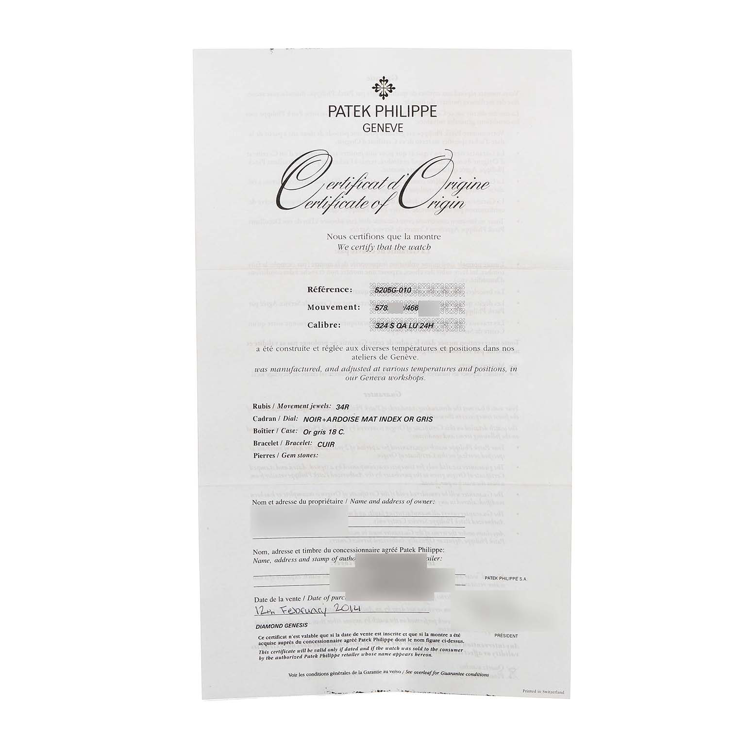 The image shows a Certificate of Origin for a Patek Philippe Complications 5205G-010 Men's White Gold Grey Dial watch.