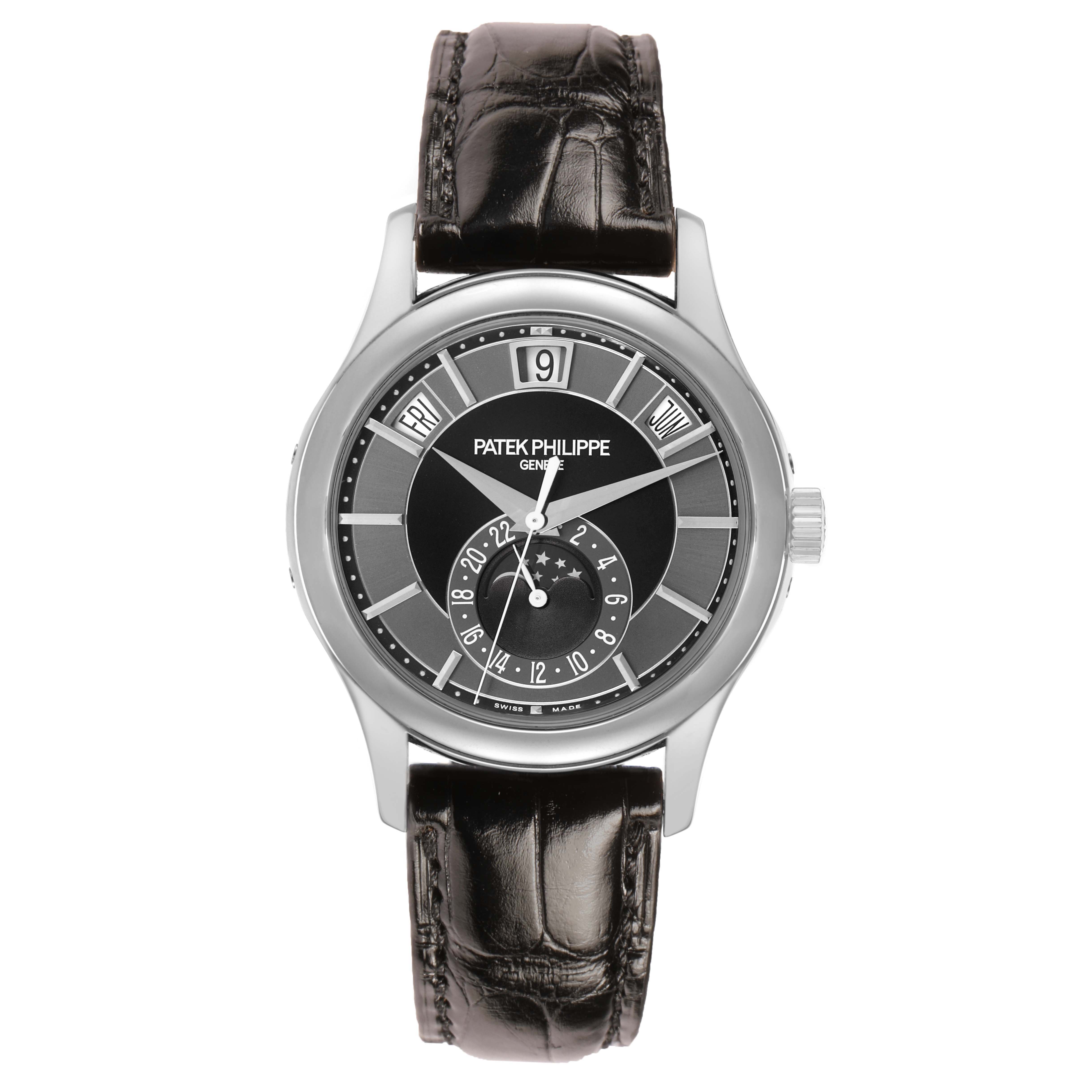 The Patek Philippe Complications 5205G-010 Men's White Gold Grey Dial watch is shown from a front angle, highlighting the dial and leather strap.