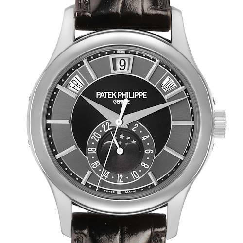 The Patek Philippe Complications 5205G-010 Men's White Gold Grey Dial watch is shown from a front angle, displaying the dial, hands, calendar windows, and crown.
