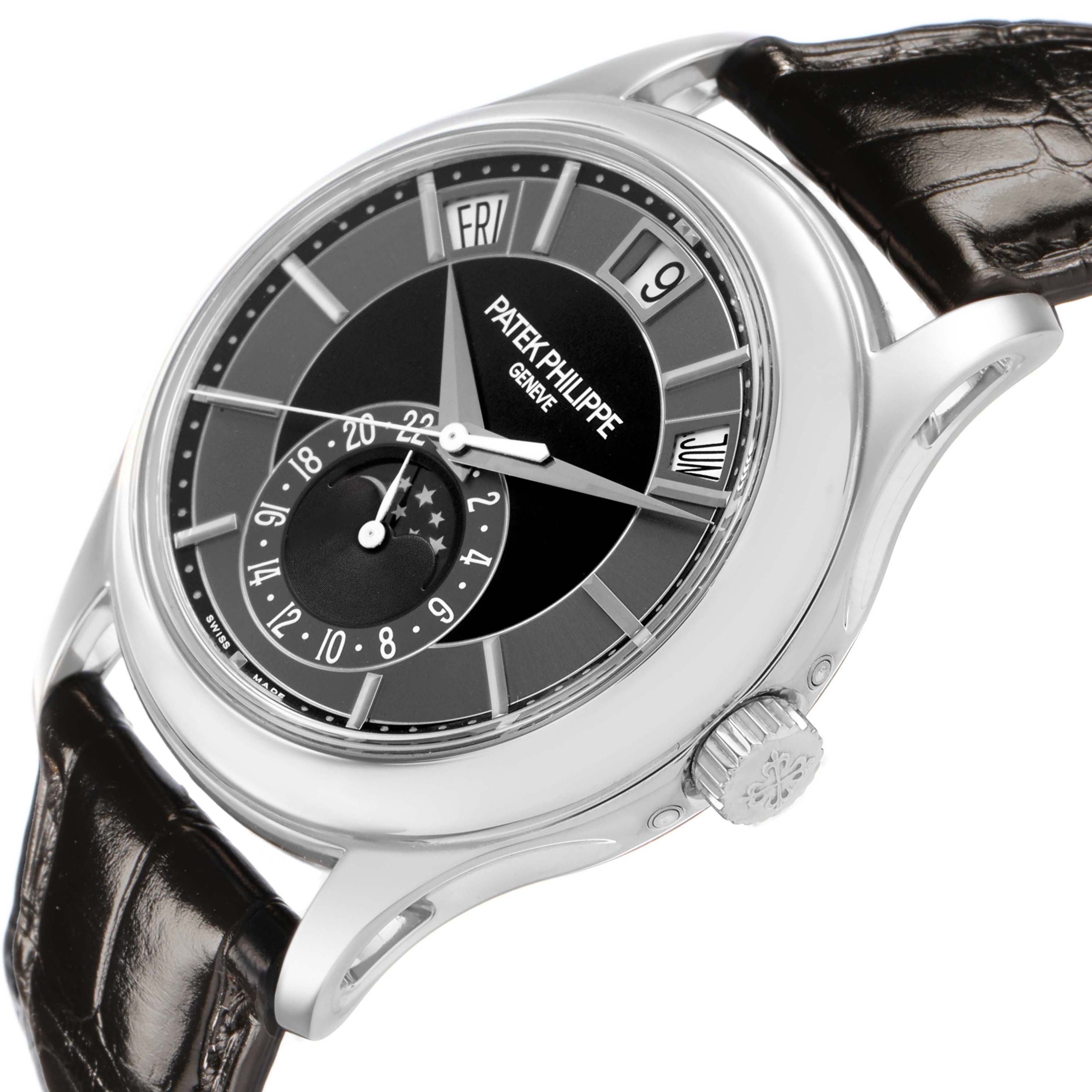 The Patek Philippe Complications 5205G-010 Men's White Gold Grey Dial model is shown at a three-quarter angle, highlighting the dial, bezel, and crown.