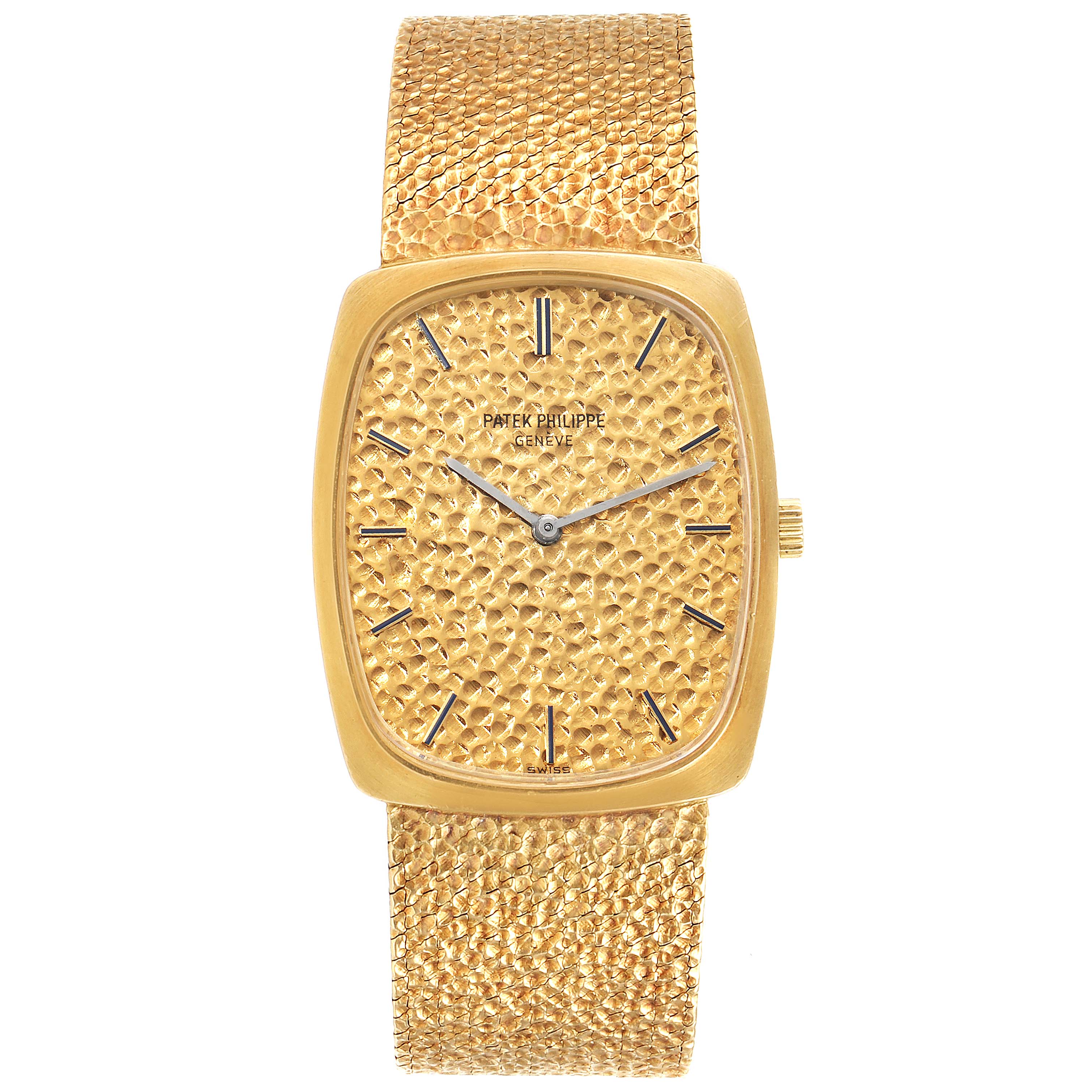 This image shows a front view of a Vintage Patek Philippe watch, highlighting its textured gold face and mesh strap.