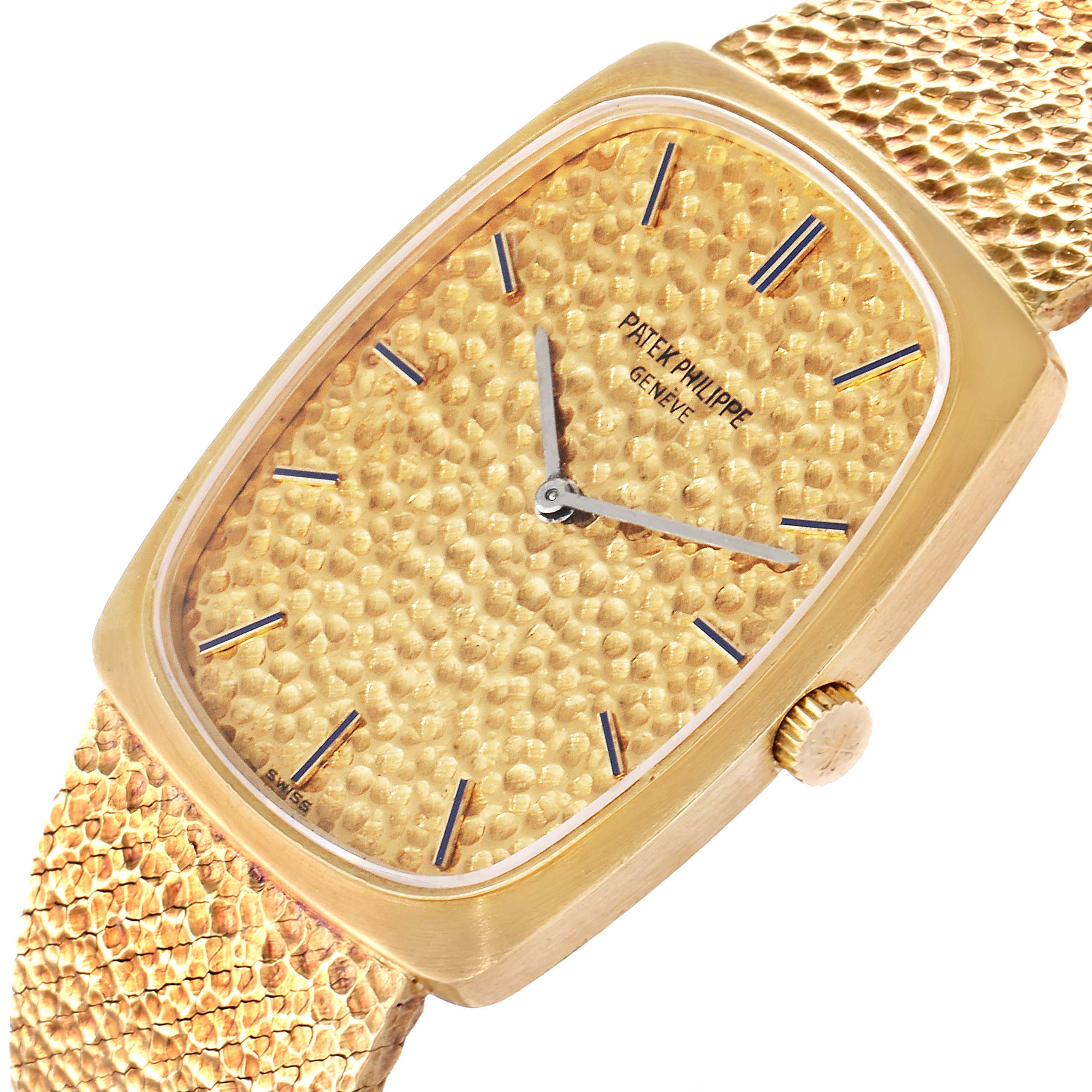 The Patek Philippe Vintage 3567/1 Men's Yellow Gold Champagne Dial 3567/1 Men's Yellow Gold Champagne Dial model is shown at a slight angle, displaying the gold textured dial, hands, indices, case, and a portion of the strap.
