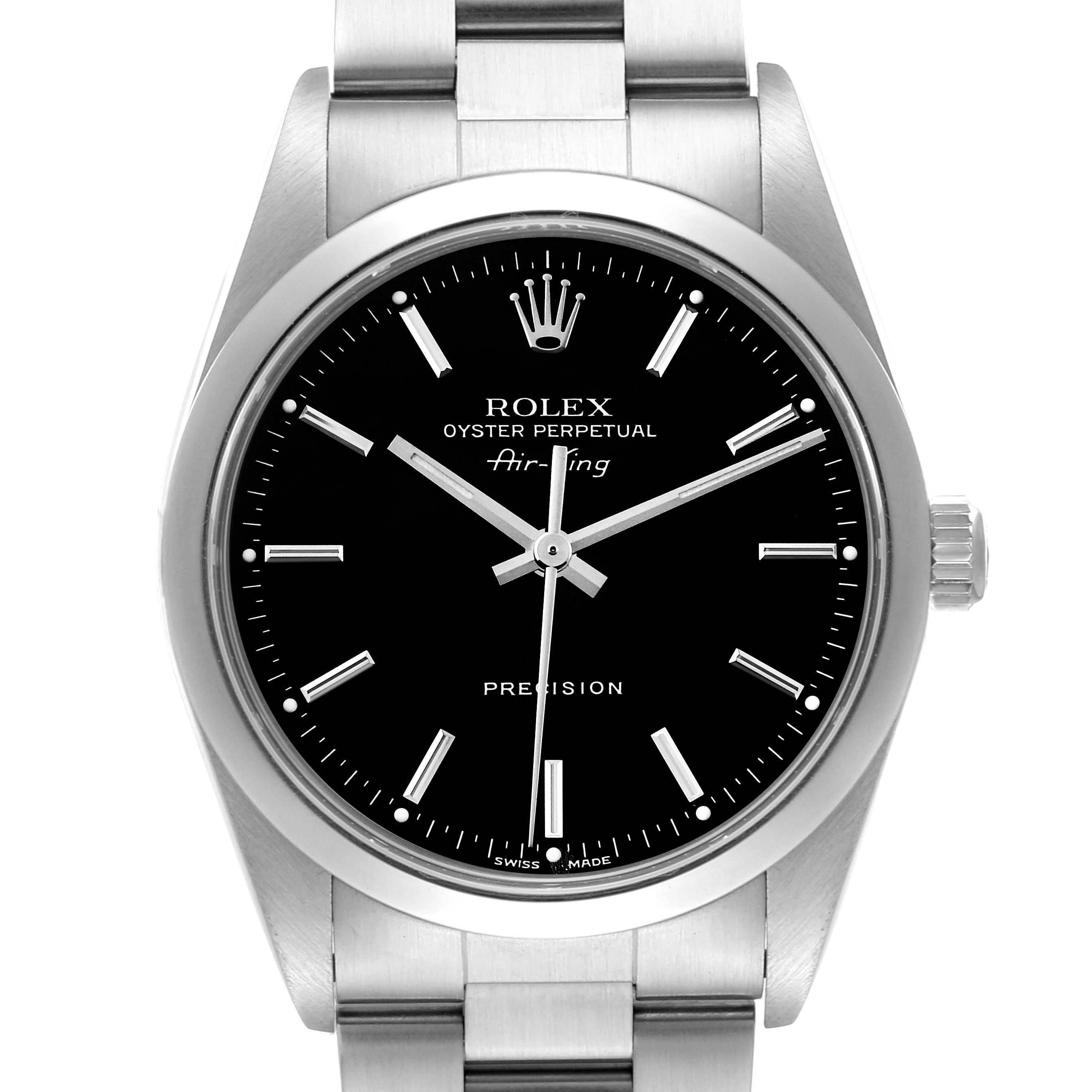 The image shows a front view of the Rolex Air-King 14000 Men's Stainless Steel Black Dial 14000 Men's Stainless Steel Black Dial watch, displaying its black dial, hour markers, crown, and part of the bracelet.