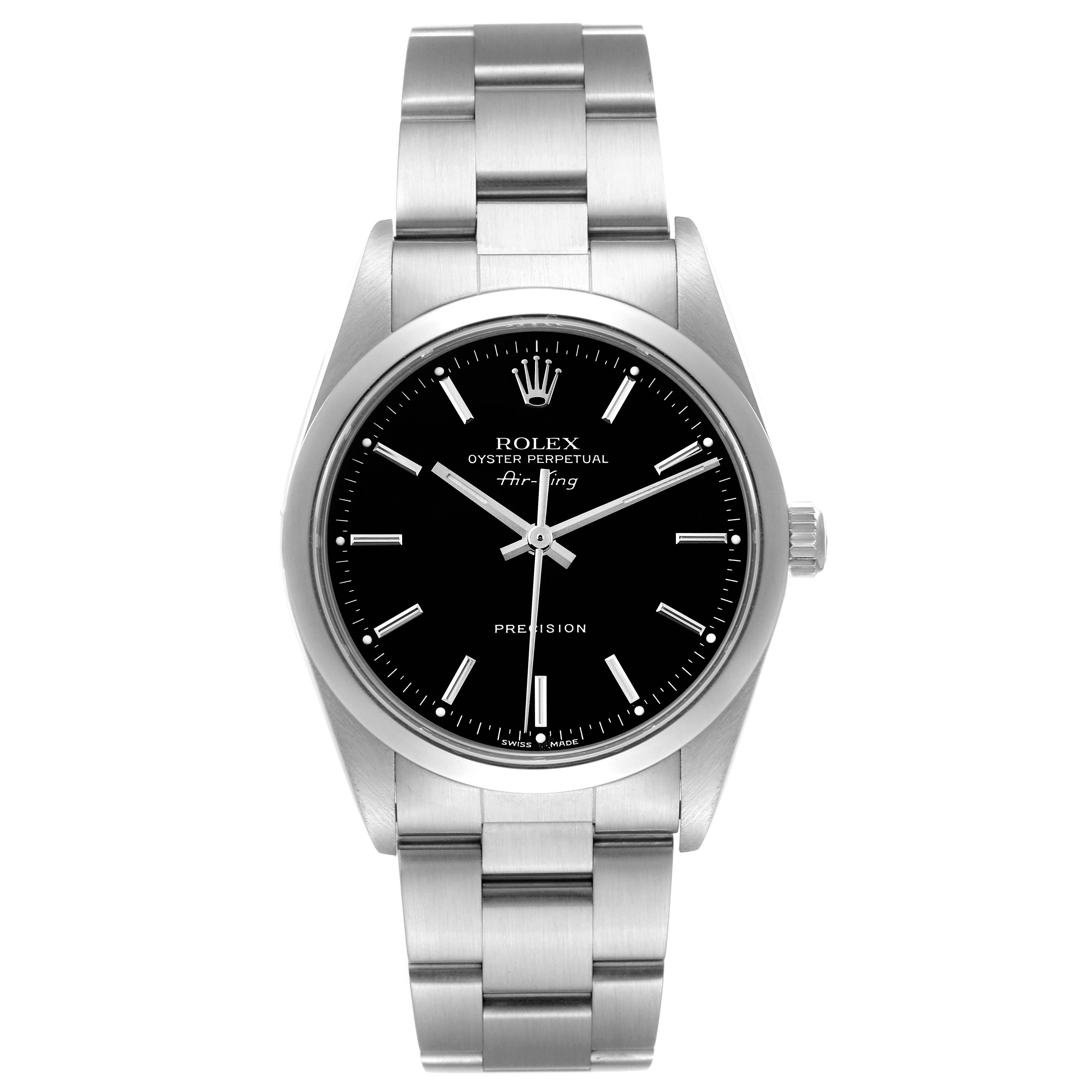 This image shows a front view of a Rolex Air-King 14000 Men's Stainless Steel Black Dial 14000 Men's Stainless Steel Black Dial watch displaying its black dial, stainless steel case, and bracelet.