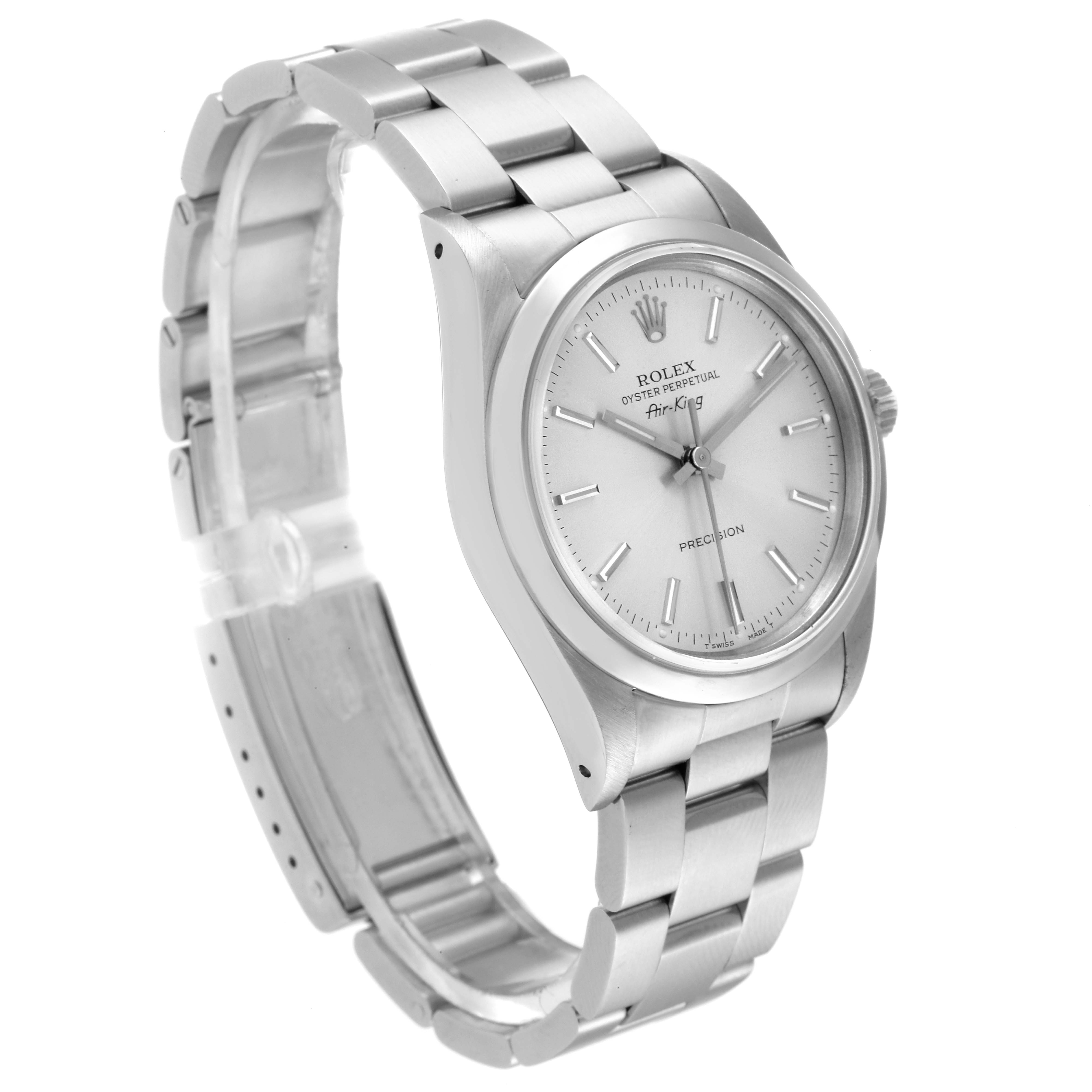 The image shows a Rolex Air-King 14000 Men's Stainless Steel Silver Dial 14000 Men's Stainless Steel Silver Dial watch at a slight angle, capturing the dial, case, crown, and stainless steel bracelet.