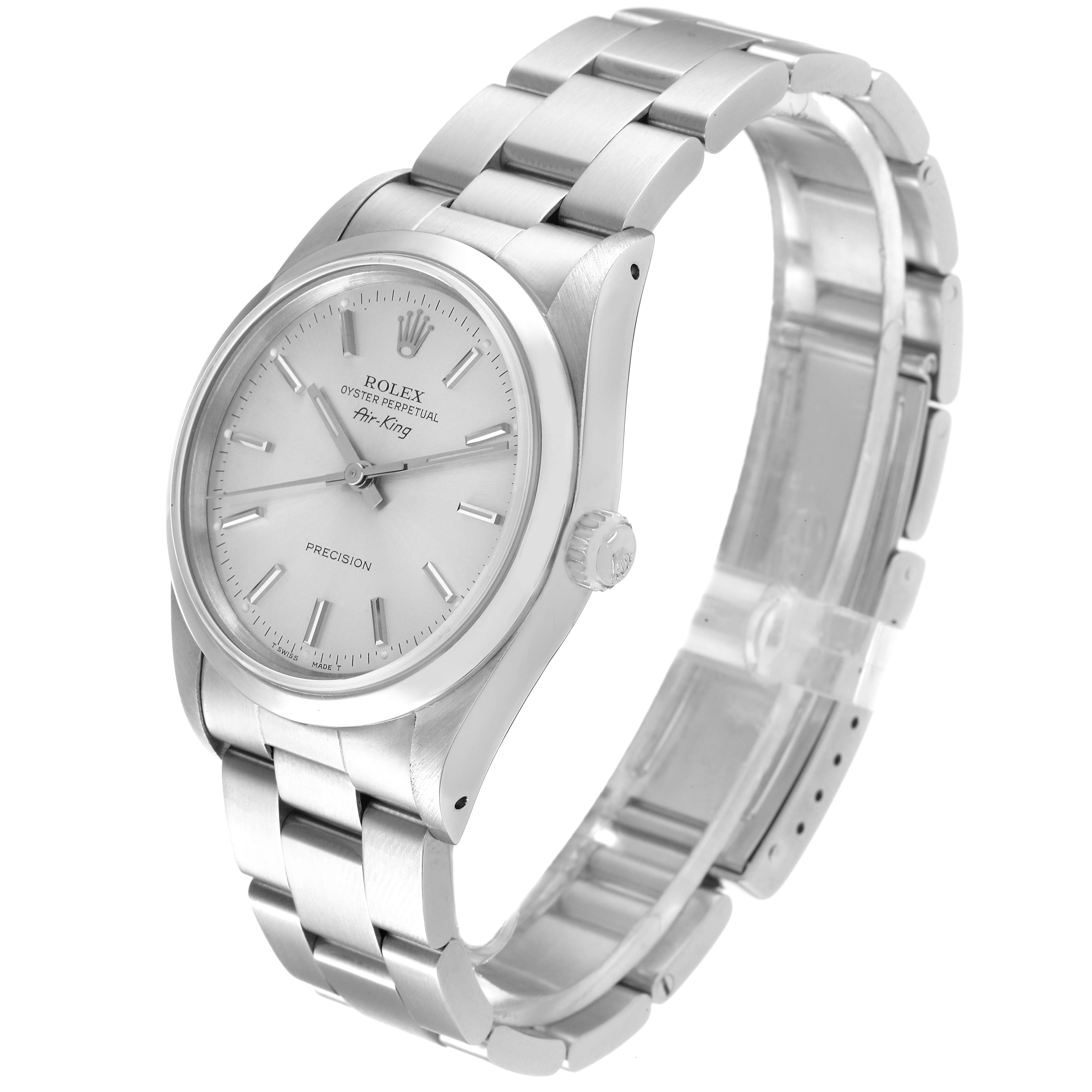 The image shows a Rolex Air-King 14000 Men's Stainless Steel Silver Dial 14000 Men's Stainless Steel Silver Dial watch from a front-side angle, highlighting the watch face, case, and bracelet.