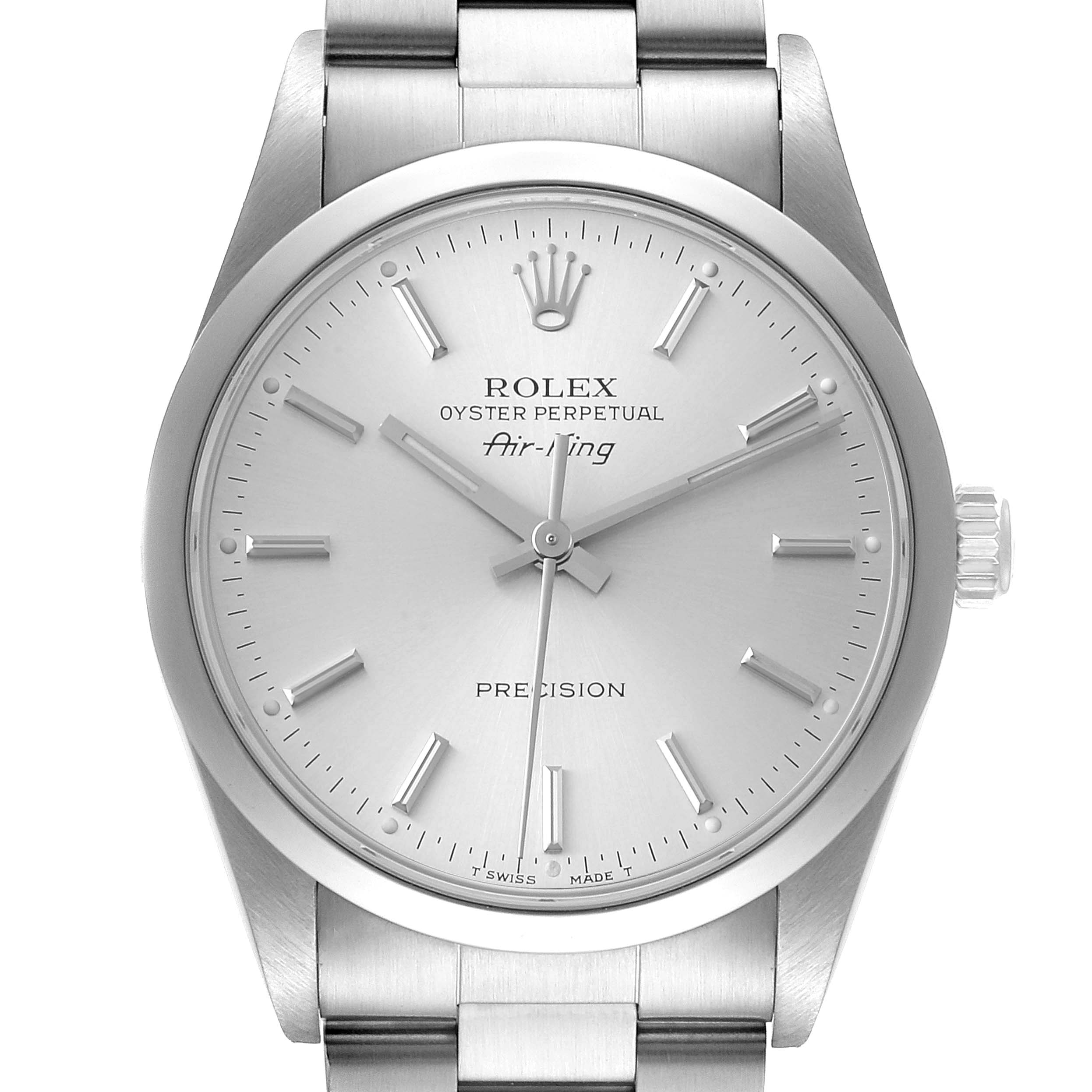 The image shows a front view of the Rolex Air-King 14000 Men's Stainless Steel Silver Dial 14000 Men's Stainless Steel Silver Dial watch, displaying the dial, hands, crown, and part of the bracelet.