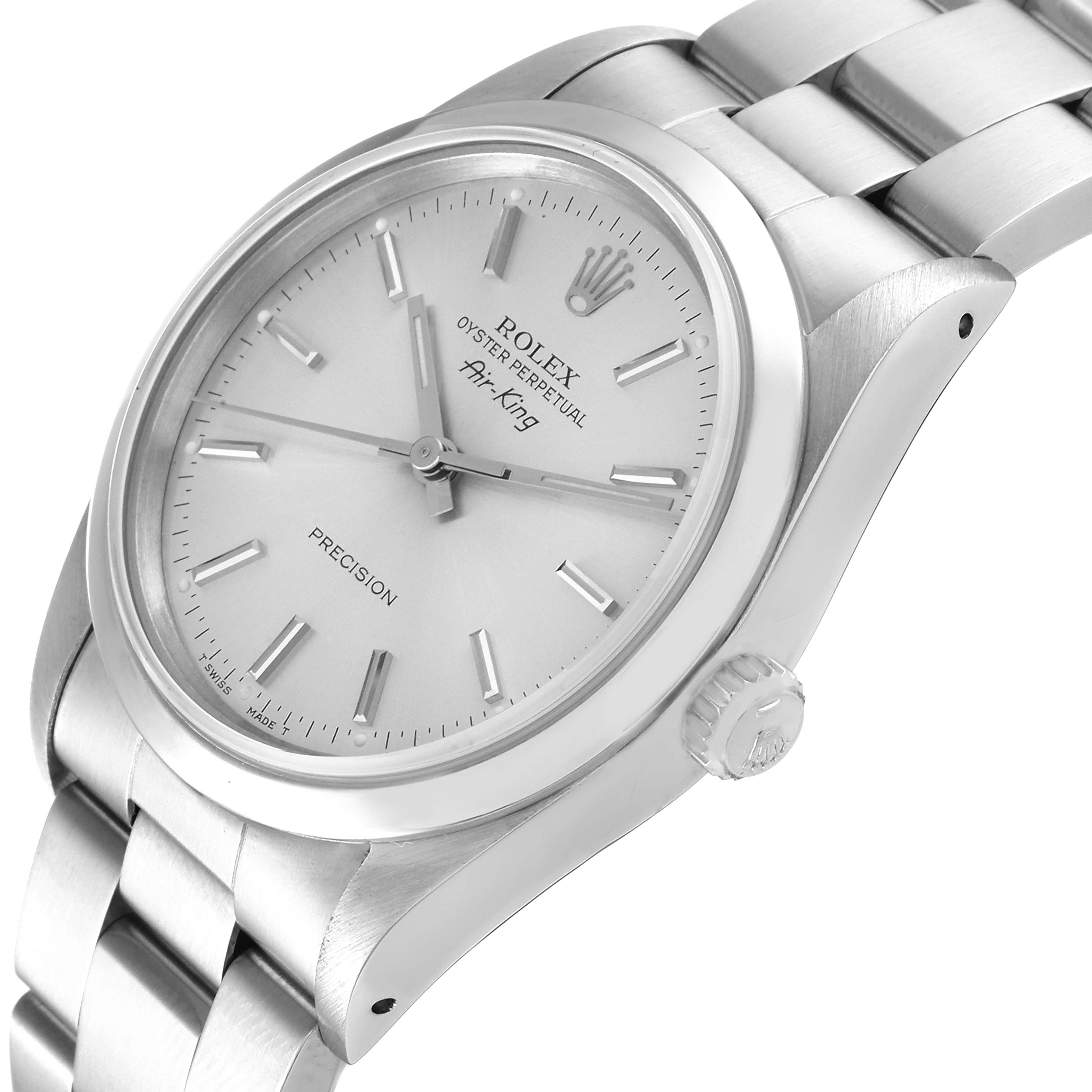 The Rolex Air-King 14000 Men's Stainless Steel Silver Dial 14000 Men's Stainless Steel Silver Dial watch is shown from a three-quarter angle, highlighting the face, bezel, crown, and bracelet.
