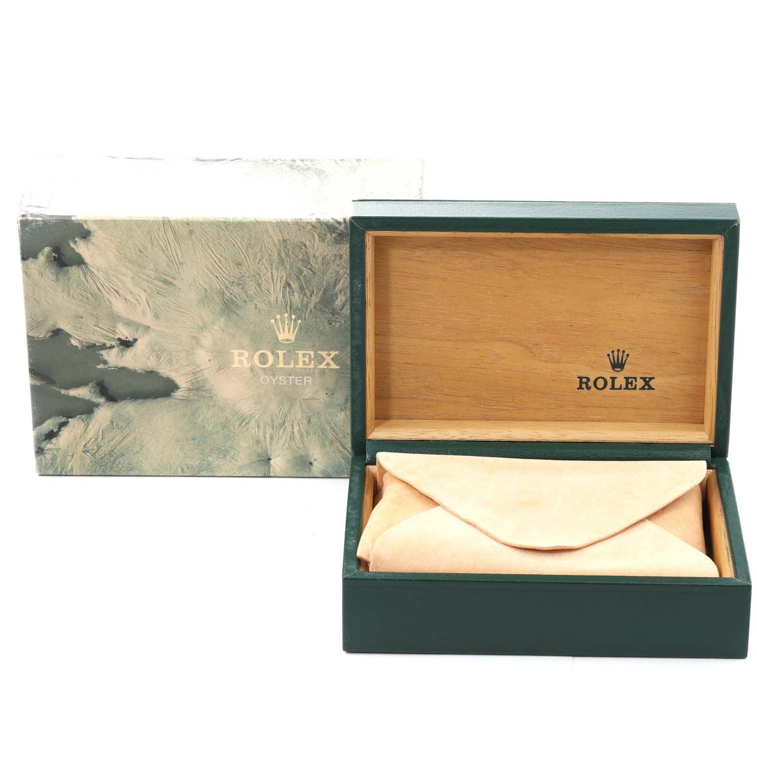 The image shows a Rolex Air-King 14000 Men's Stainless Steel Silver Dial 14000 Men's Stainless Steel Silver Dial watch box and its packaging, with the box lid open to reveal the interior.