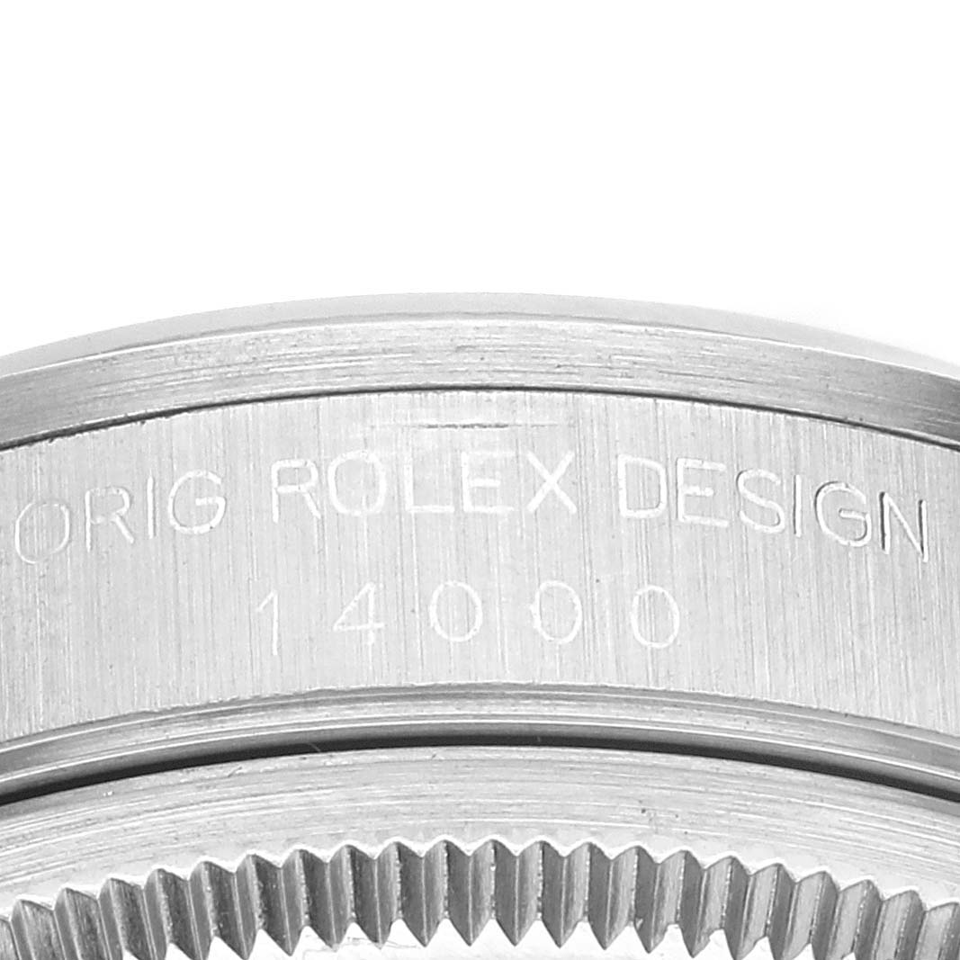 This image shows a close-up of the engraved bezel of a Rolex Air-King 14000 Men's Stainless Steel Silver Dial 14000 Men's Stainless Steel Silver Dial, design number 14000.