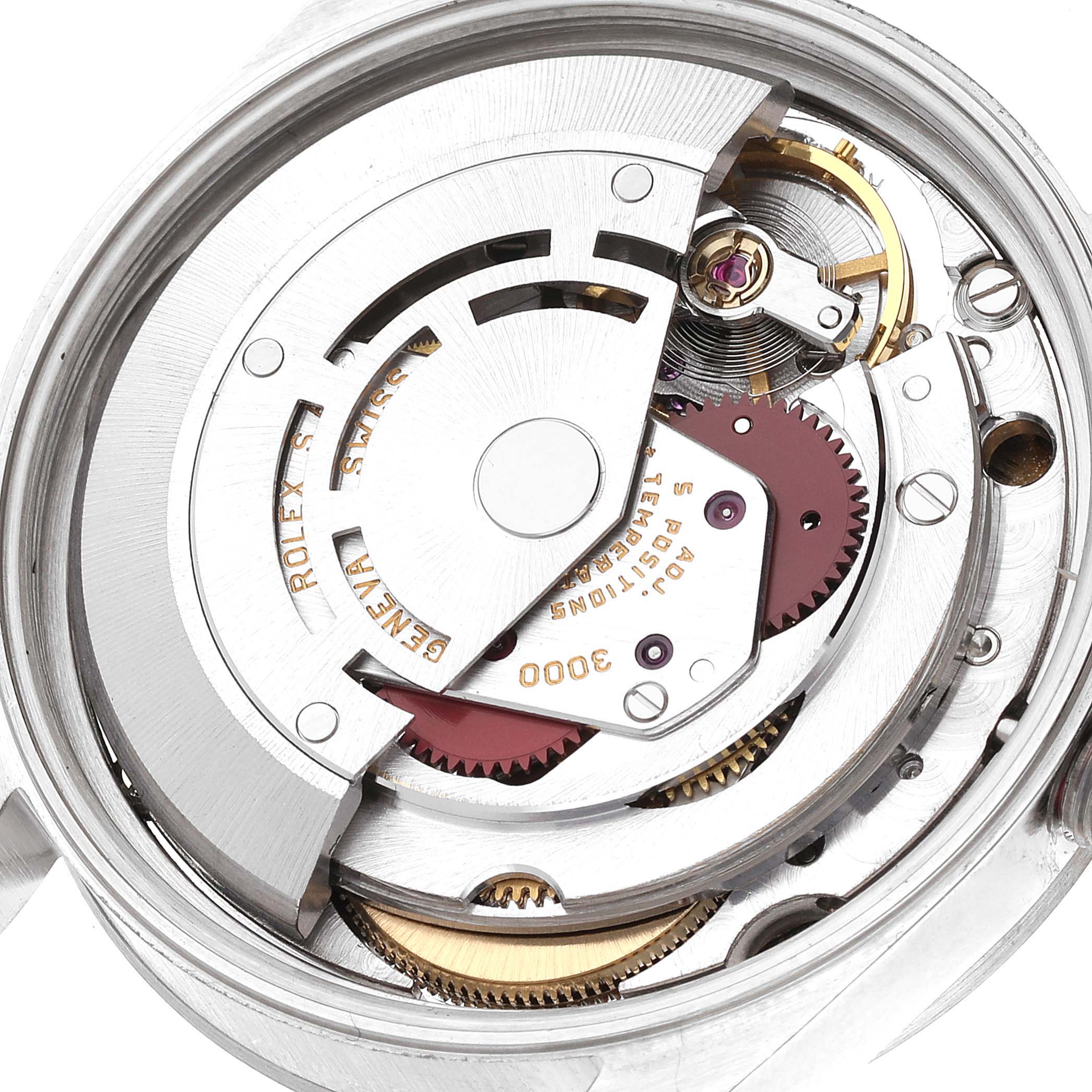 This image shows the intricate mechanical movement of a Rolex Air-King 14000 Men's Stainless Steel Silver Dial 14000 Men's Stainless Steel Silver Dial watch, viewed from the back with the case removed.