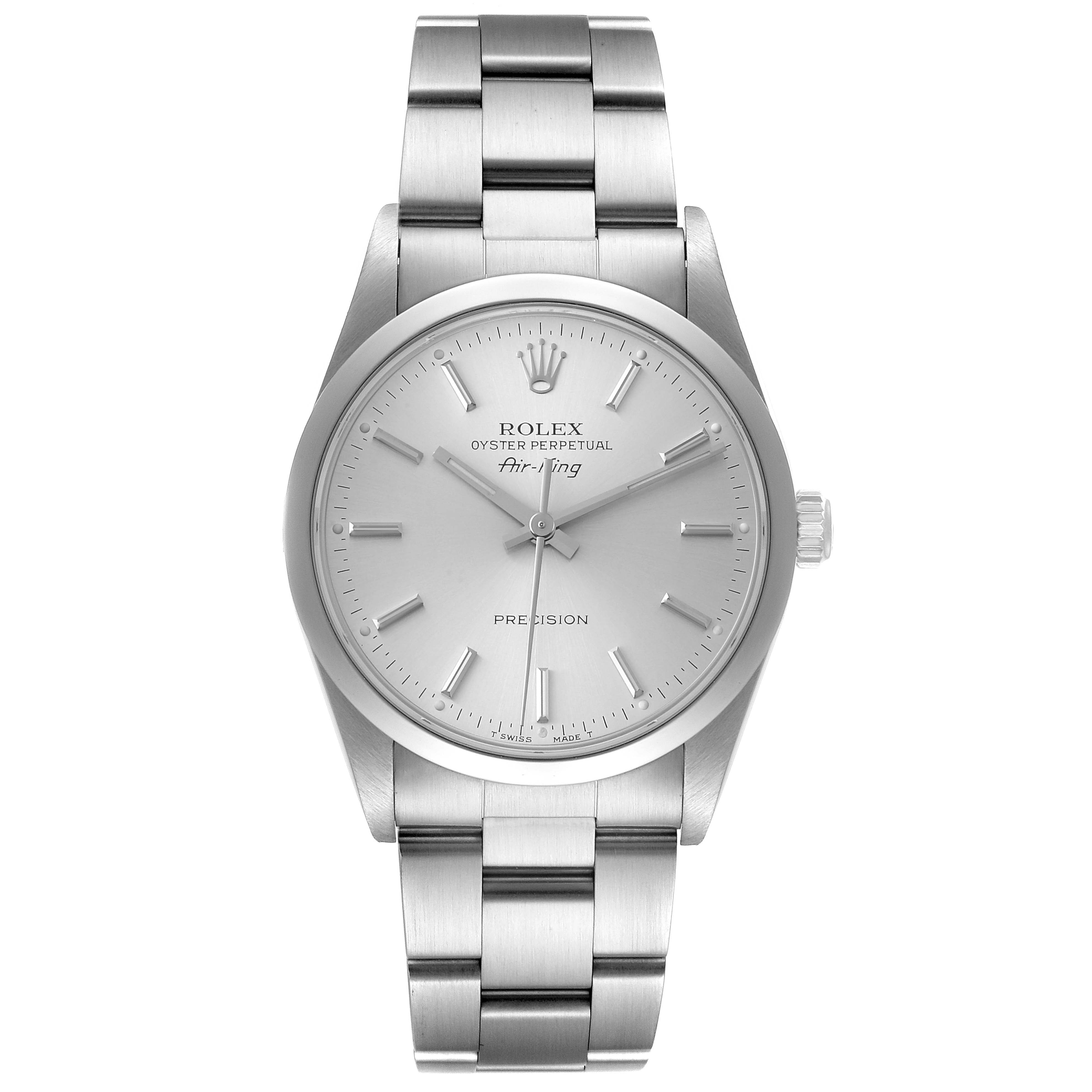 The image shows a front view of the Rolex Air-King 14000 Men's Stainless Steel Silver Dial 14000 Men's Stainless Steel Silver Dial watch displaying the face, hands, and bracelet.