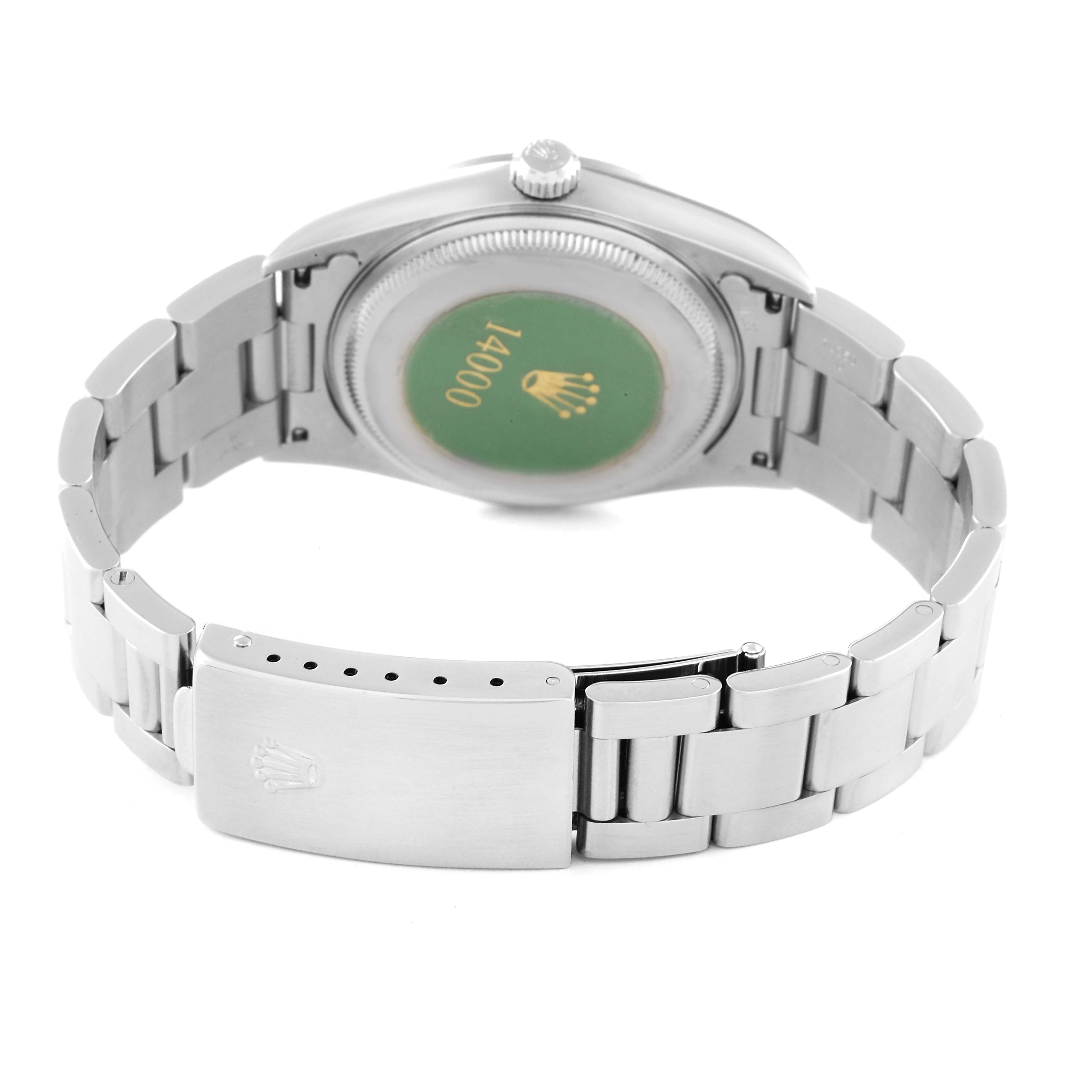 The image shows the back view of the Rolex Air-King 14000 Men's Stainless Steel Pink Dial 14000 Men's Stainless Steel Pink Dial, including the case back, bracelet, and clasp.