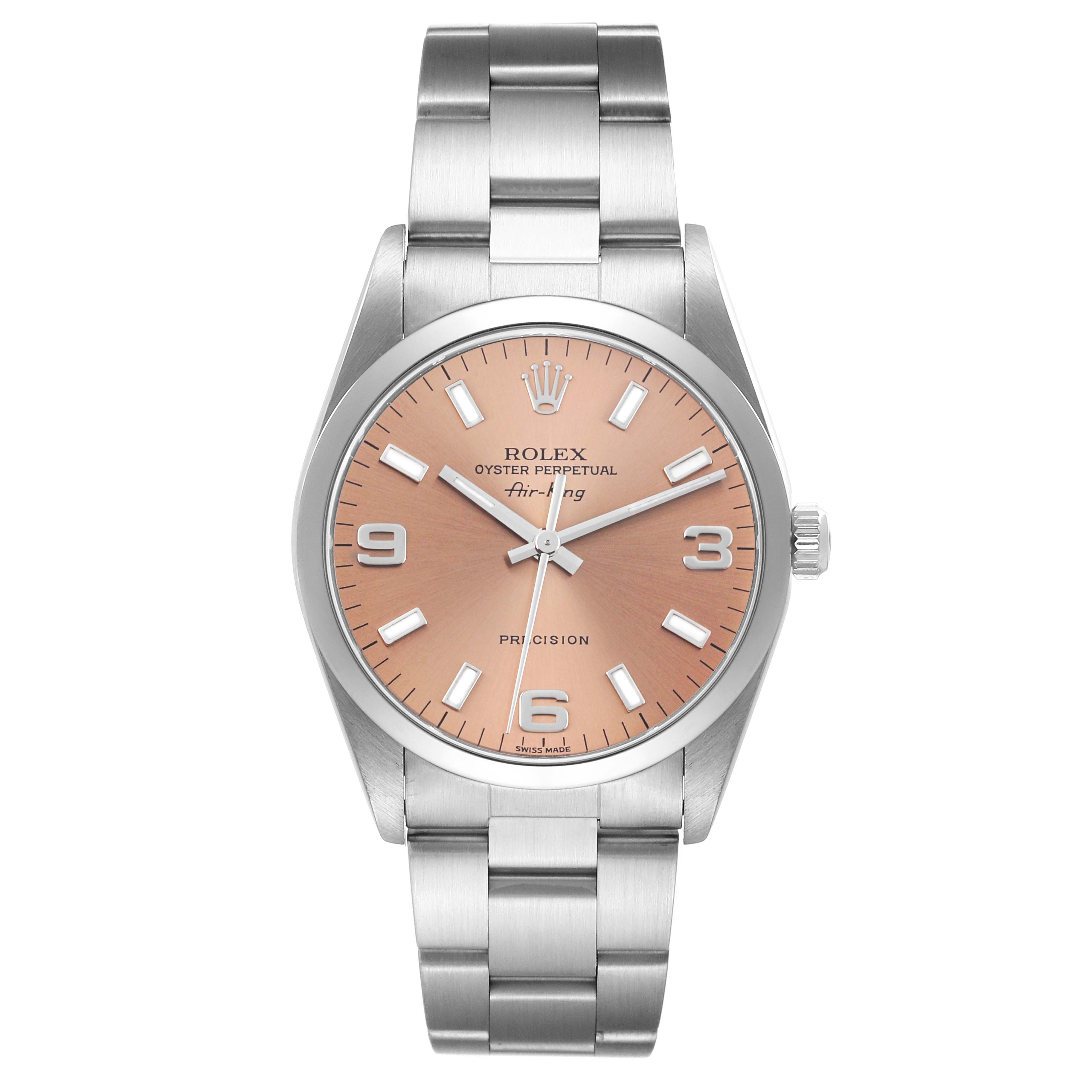 This Rolex Air-King 14000 Men's Stainless Steel Pink Dial 14000 Men's Stainless Steel Pink Dial watch is shown from the front, highlighting the face, bezel, crown, and bracelet.