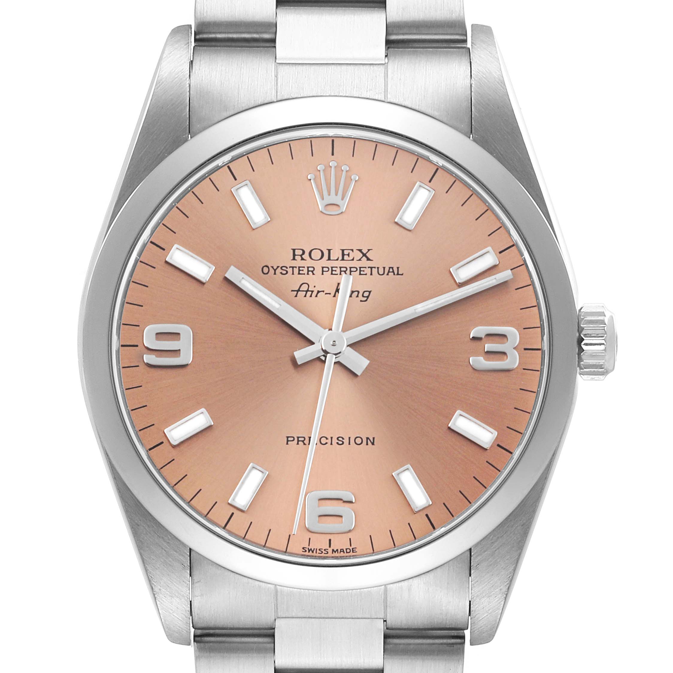The image shows a front view of a Rolex Air-King 14000 Men's Stainless Steel Pink Dial 14000 Men's Stainless Steel Pink Dial watch, displaying its dial, hour markers, hands, crown, and part of the bracelet.