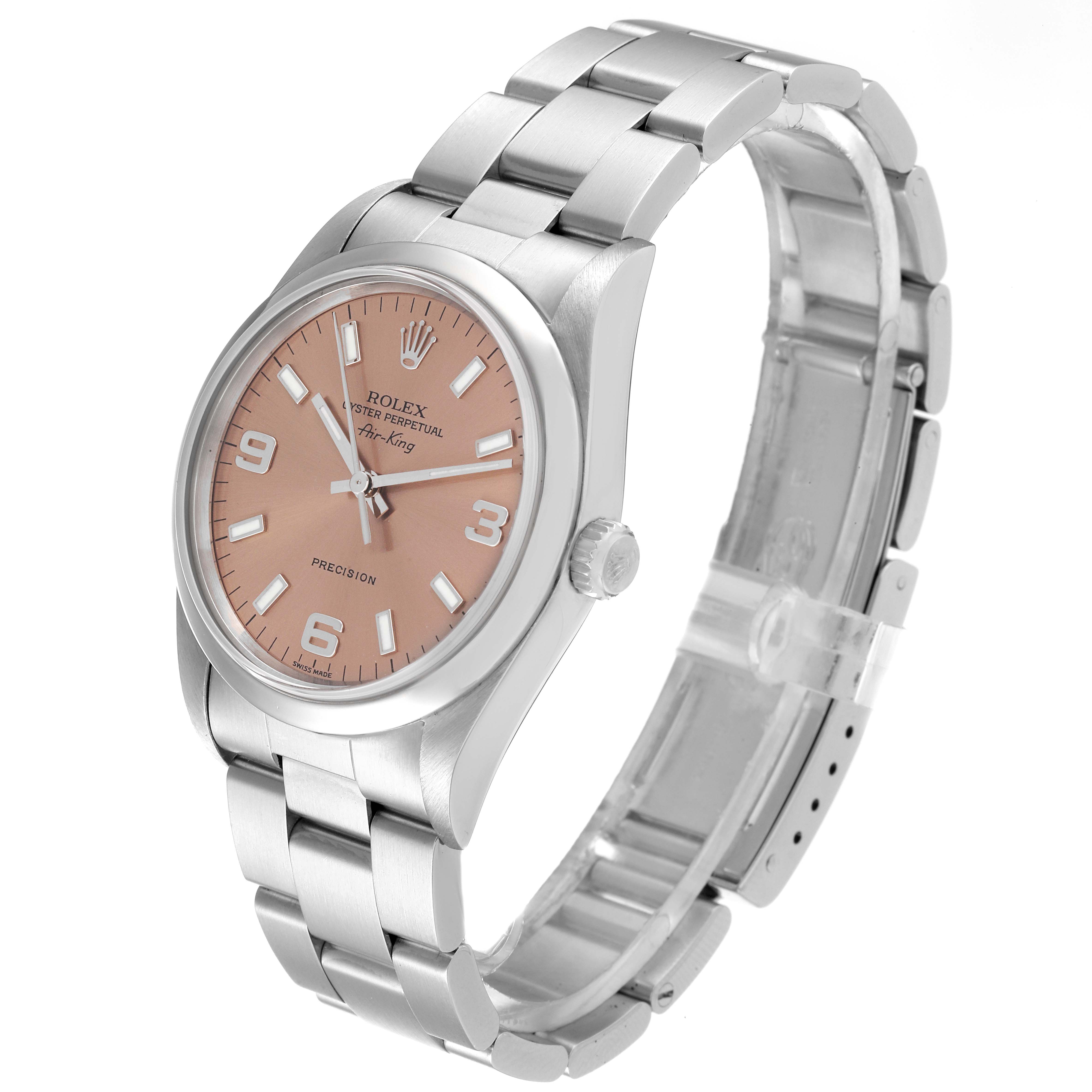 The image shows a Rolex Air-King 14000 Men's Stainless Steel Pink Dial 14000 Men's Stainless Steel Pink Dial watch angled from the front-right, highlighting its face, crown, and bracelet.