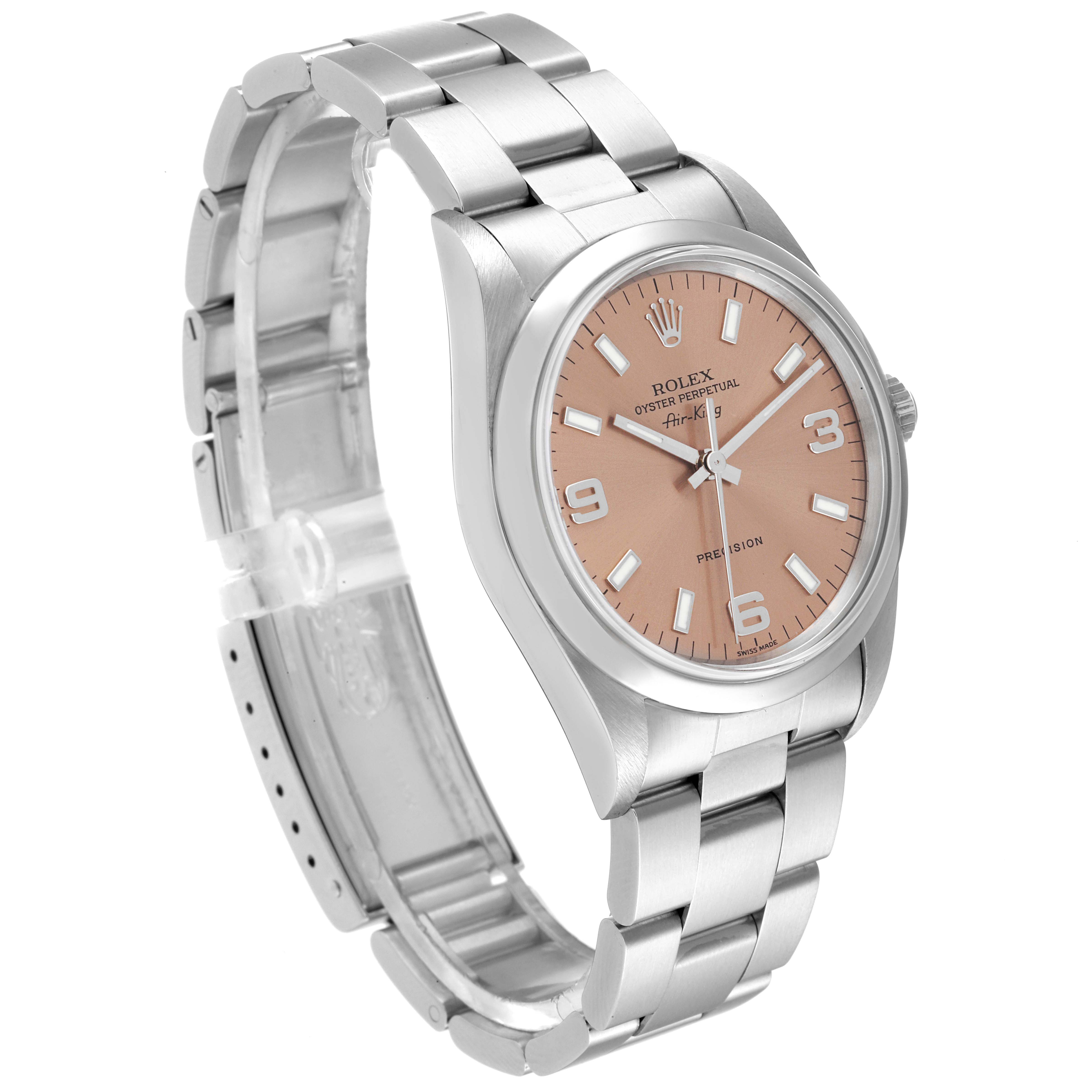 The image shows a Rolex Air-King 14000 Men's Stainless Steel Pink Dial 14000 Men's Stainless Steel Pink Dial watch angled to display its stainless steel bracelet, salmon dial, and case.