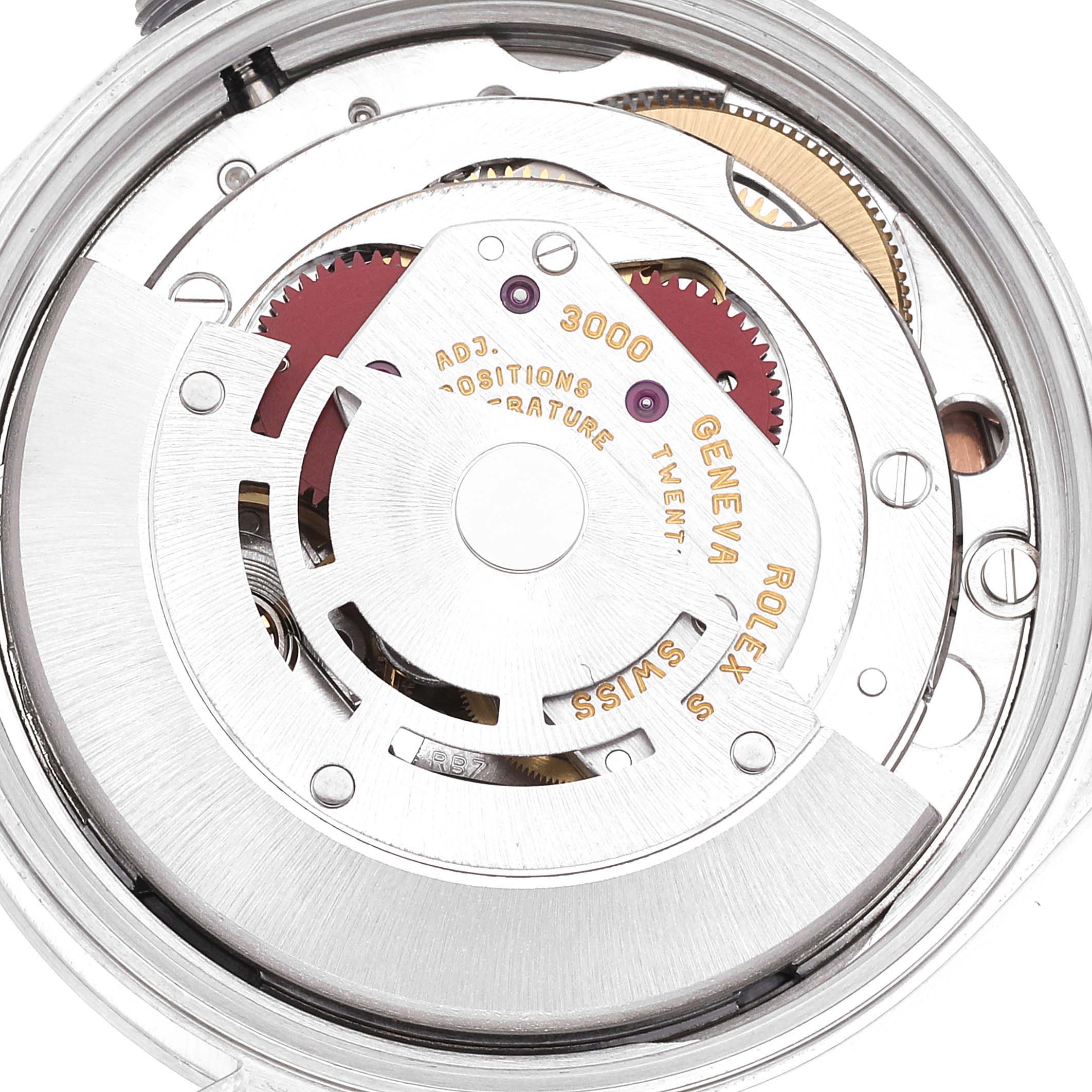 The image shows a detailed view of the movement mechanism inside a Rolex Air-King 14000 Men's Stainless Steel Pink Dial 14000 Men's Stainless Steel Pink Dial watch from a top-down angle.