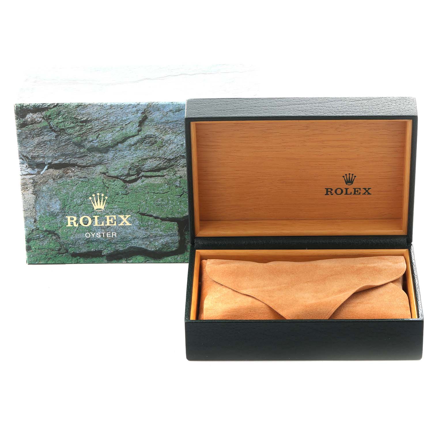 The image shows the Rolex Air-King 14000 Men's Stainless Steel Black Dial 14000 Men's Stainless Steel Black Dial watch box, including the outer box and the open inner case with a protective pouch.