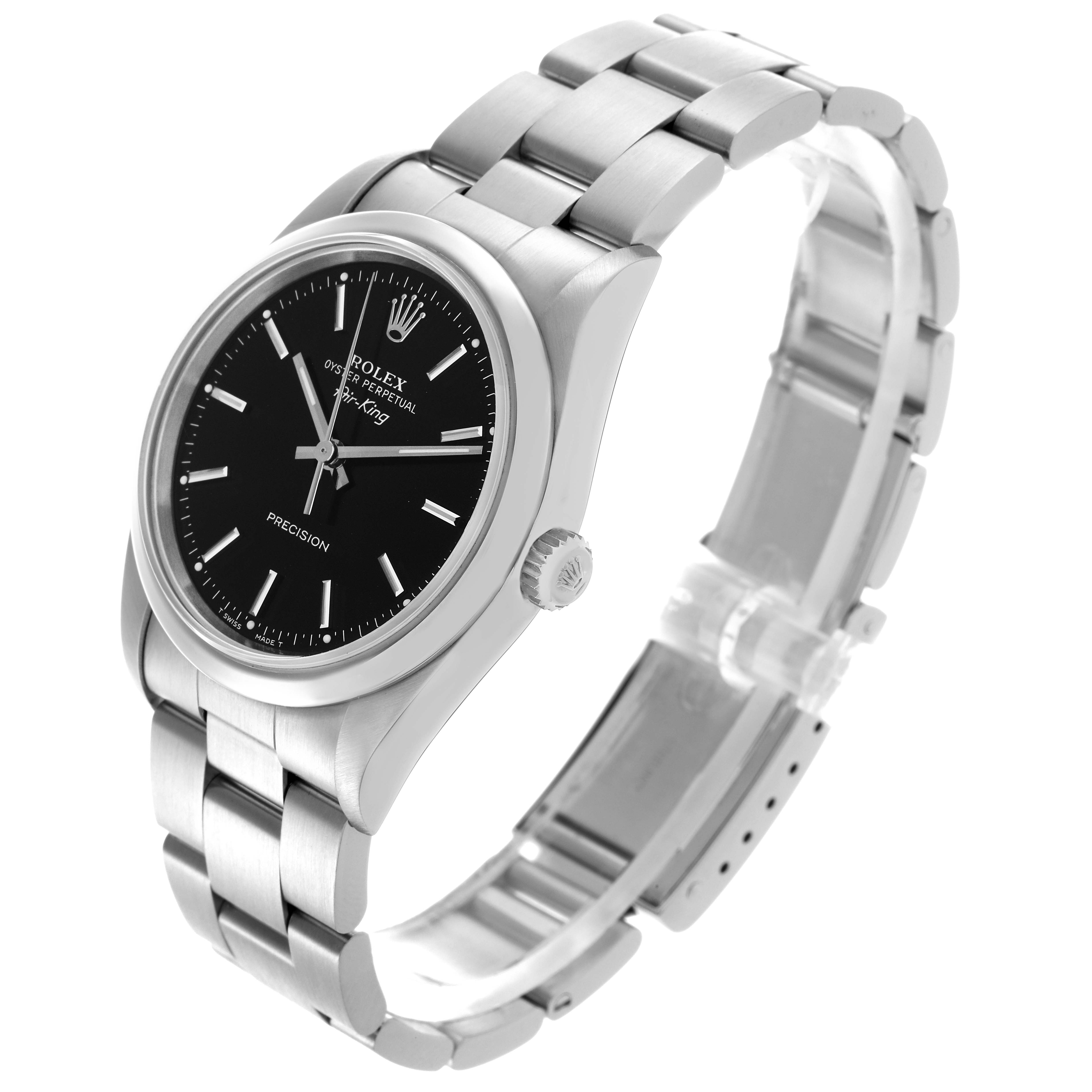 The Rolex Air-King 14000 Men's Stainless Steel Black Dial 14000 Men's Stainless Steel Black Dial watch is shown at a three-quarter angle, displaying the face, bezel, crown, and bracelet with clasp.