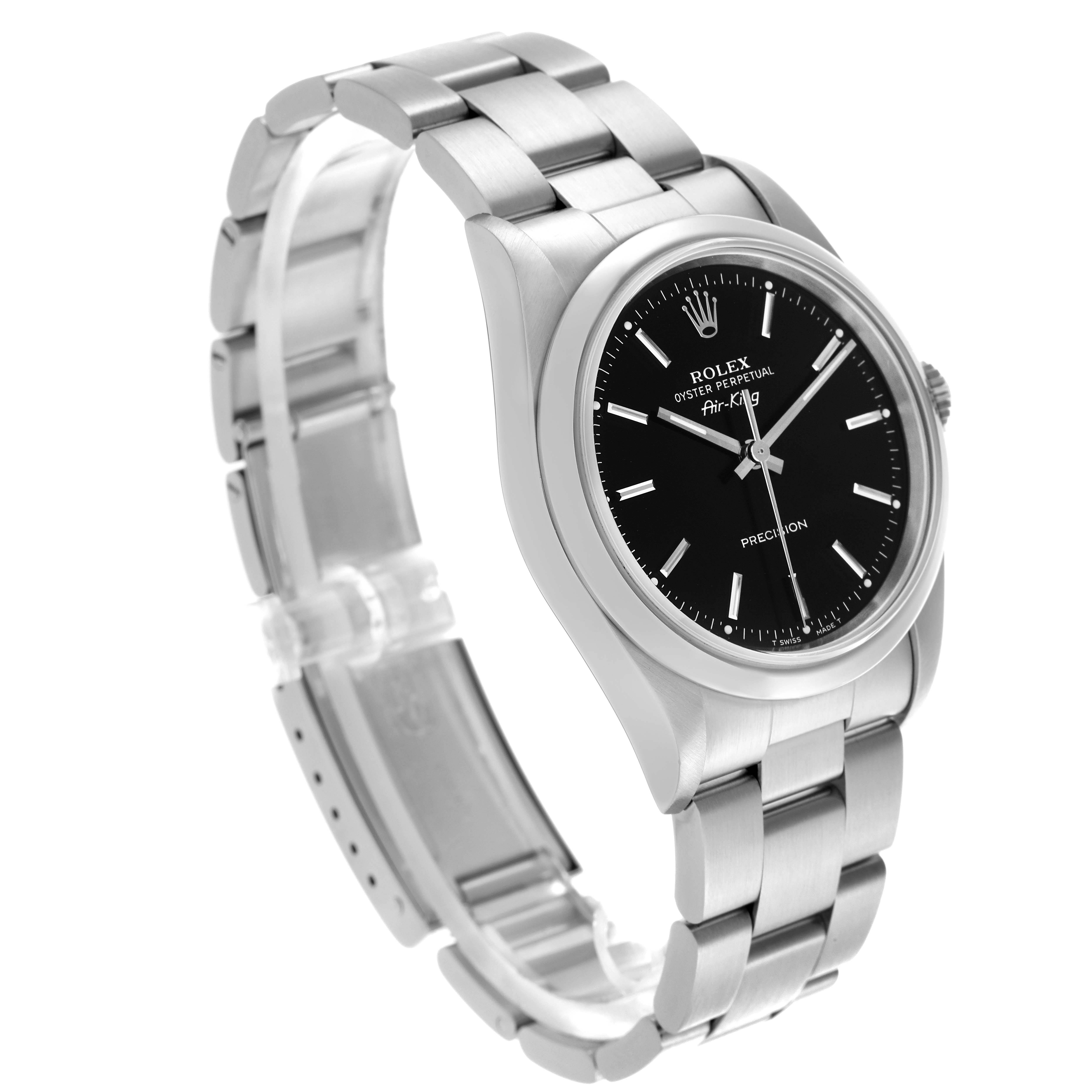 The Rolex Air-King 14000 Men's Stainless Steel Black Dial 14000 Men's Stainless Steel Black Dial watch is shown at a slight angle, displaying the face, side, and part of the metal bracelet.