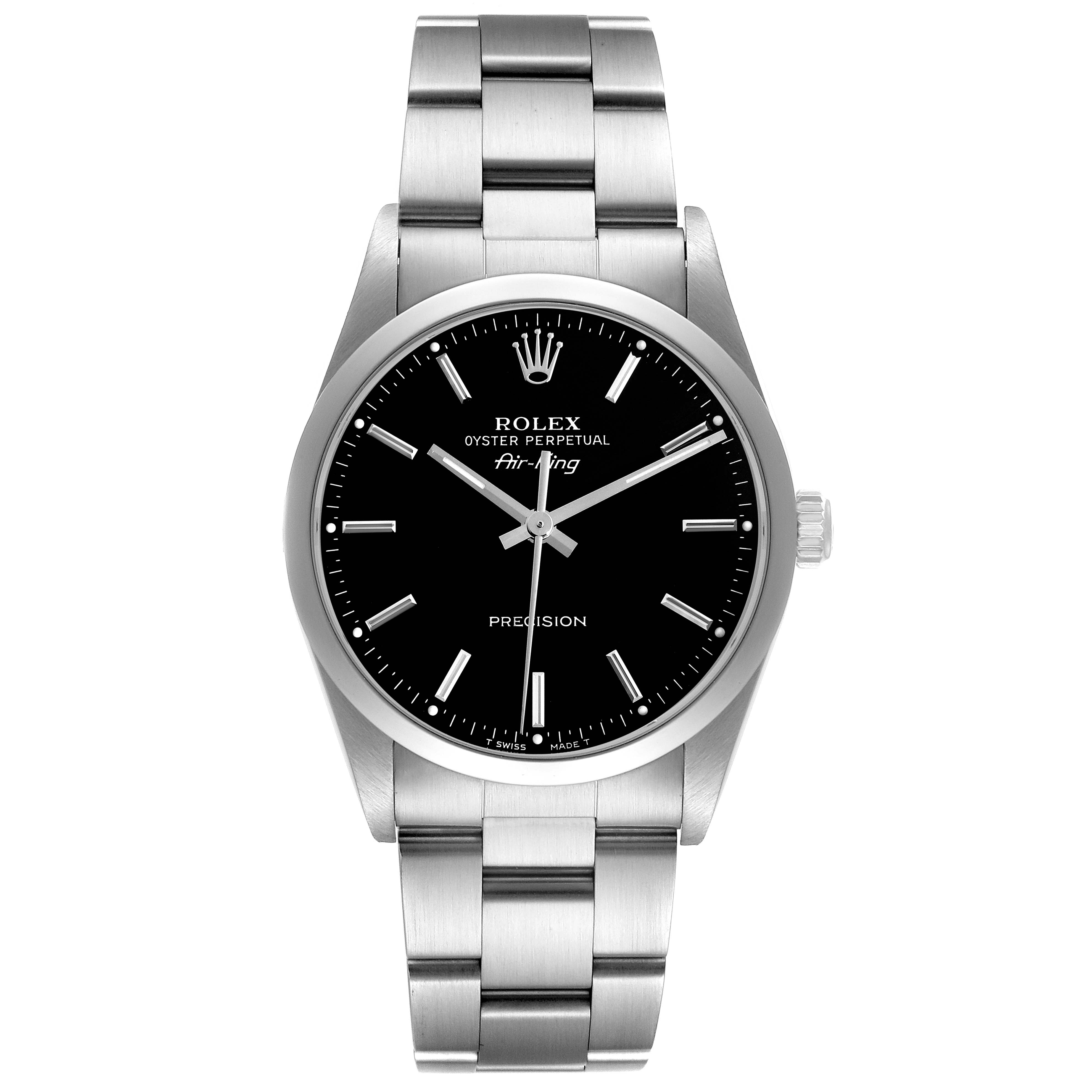 The Rolex Air-King 14000 Men's Stainless Steel Black Dial 14000 Men's Stainless Steel Black Dial watch is shown from the front, displaying the dial, hands, bracelet, and crown.