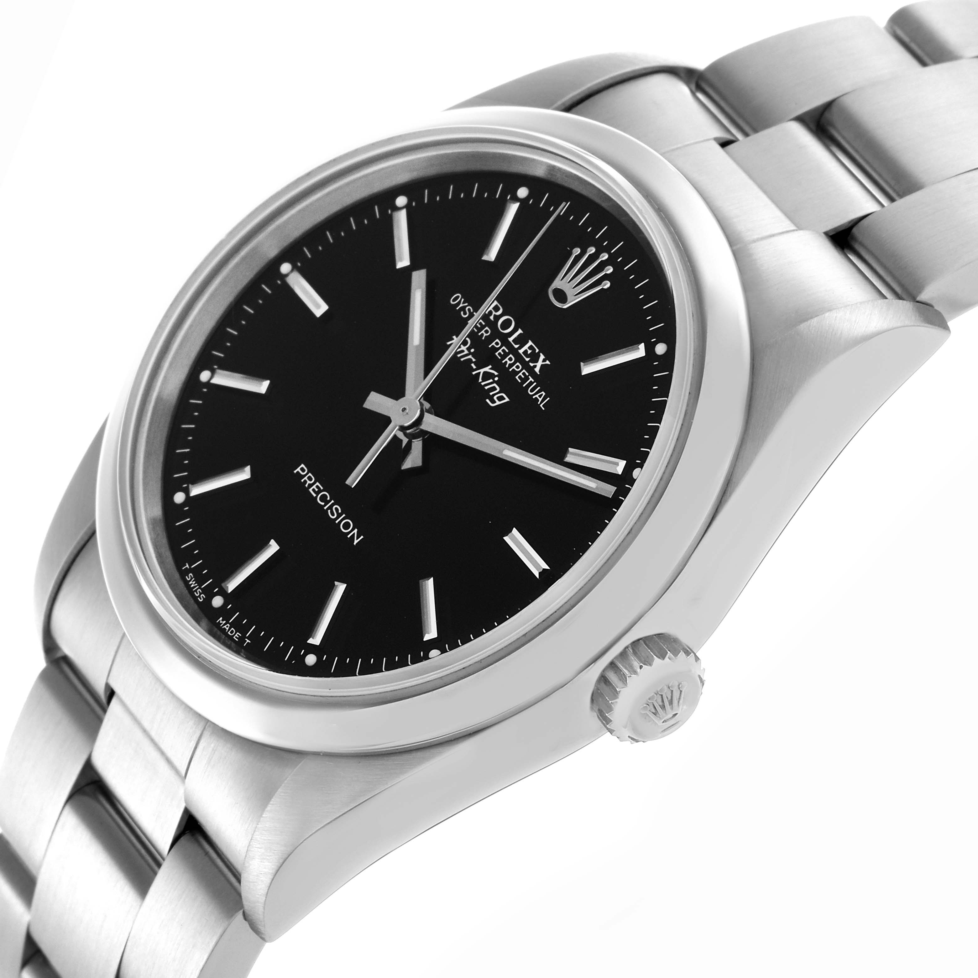 The Rolex Air-King 14000 Men's Stainless Steel Black Dial 14000 Men's Stainless Steel Black Dial watch is shown from a side angle highlighting the face, bezel, crown, and bracelet.