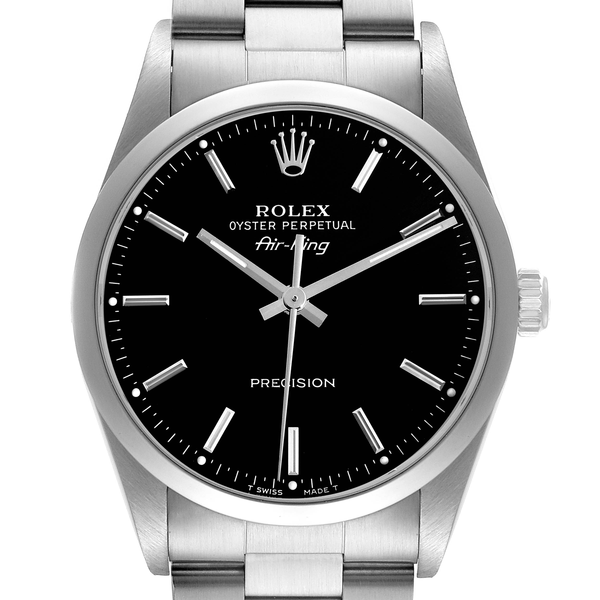 The Rolex Air-King 14000 Men's Stainless Steel Black Dial 14000 Men's Stainless Steel Black Dial is shown from the front, displaying the black dial, hands, hour markers, and part of the bracelet.