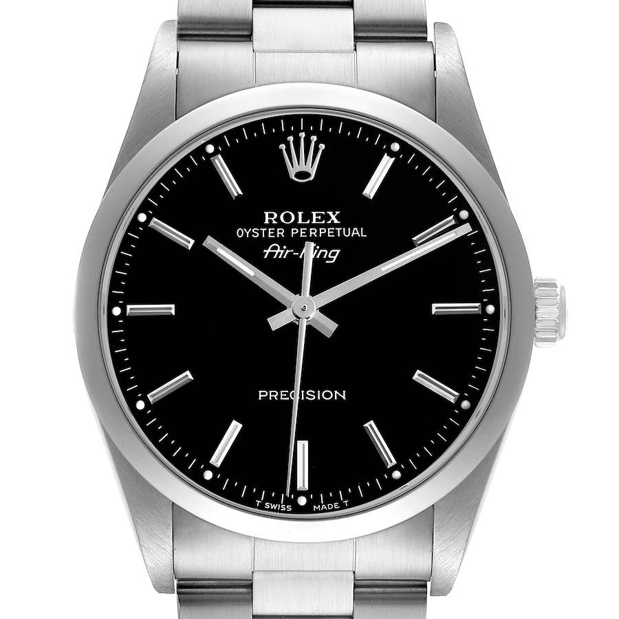 The Rolex Air-King is shown from the front, displaying the black dial, hands, hour markers, and part of the bracelet.
