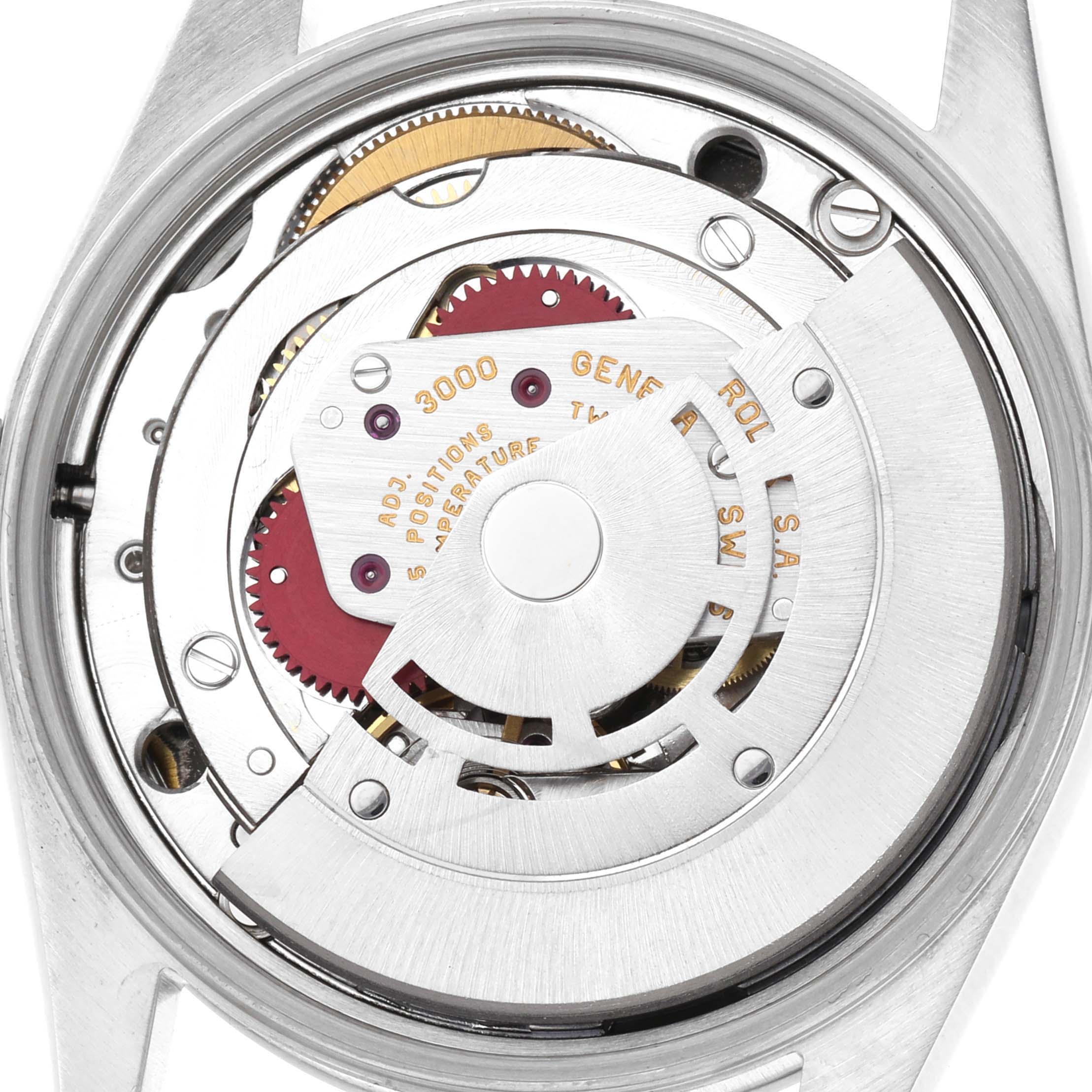 The image shows the back view of a Rolex Air-King 14000 Men's Stainless Steel Black Dial 14000 Men's Stainless Steel Black Dial, displaying its mechanical movement and rotor.