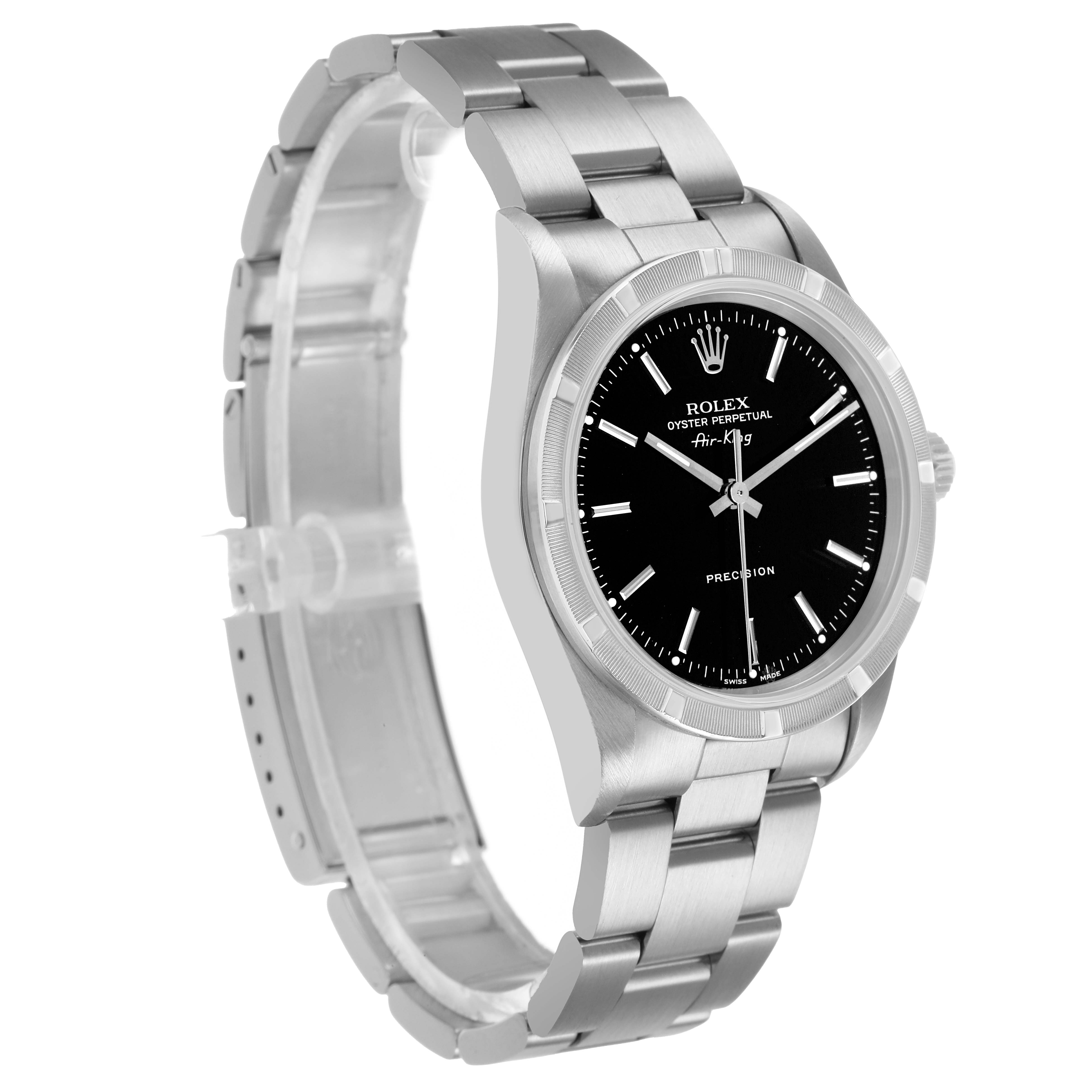 The Rolex Air-King 14010 Men's Stainless Steel Black Dial watch is shown at a three-quarter angle, displaying the face, bezel, case, and partial bracelet.
