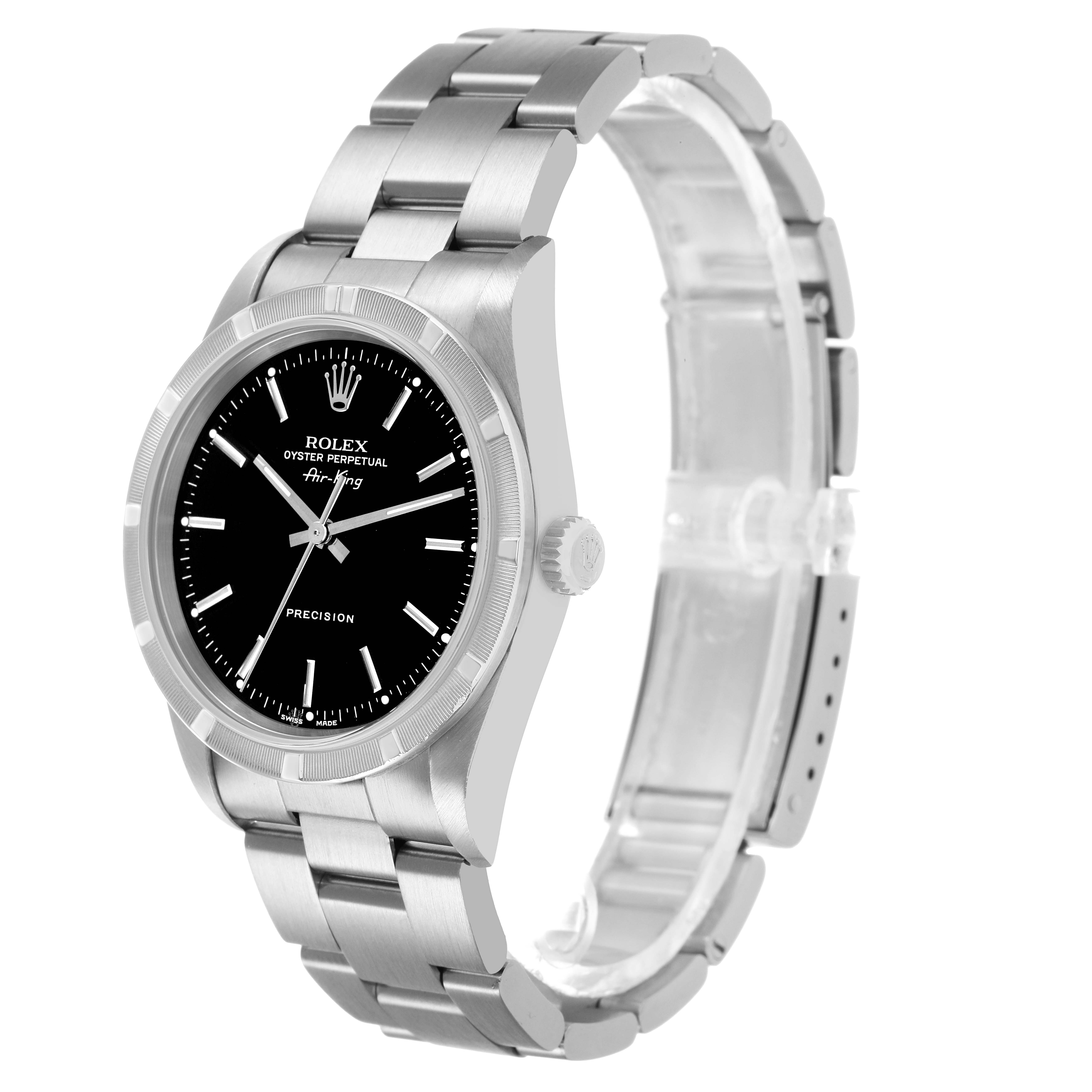 The Rolex Air-King 14010 Men's Stainless Steel Black Dial watch is shown at a three-quarter angle, displaying the face, bezel, crown, and bracelet.
