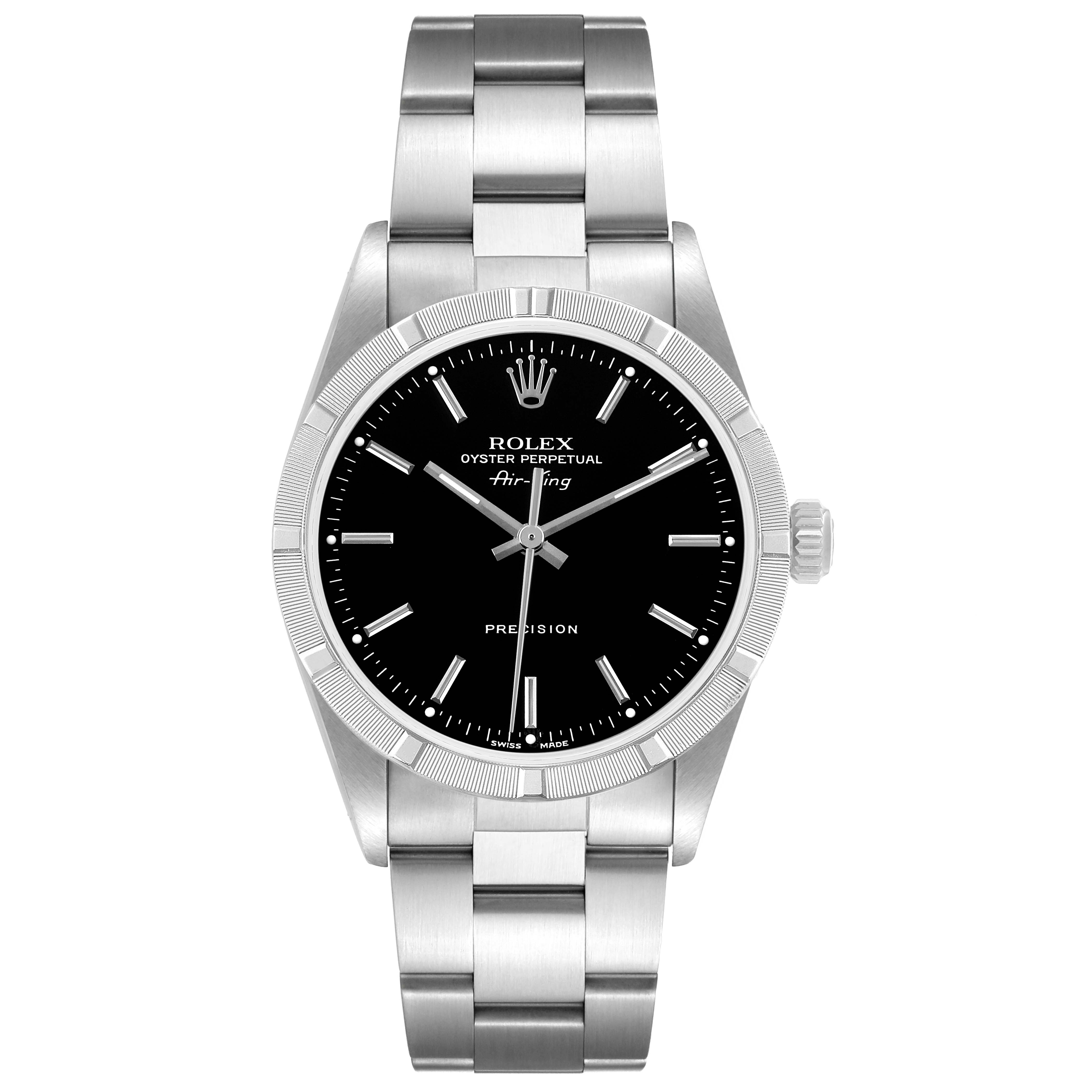 The Rolex Air-King 14010 Men's Stainless Steel Black Dial watch is shown from a front angle, displaying the dial, bezel, crown, and stainless steel bracelet.