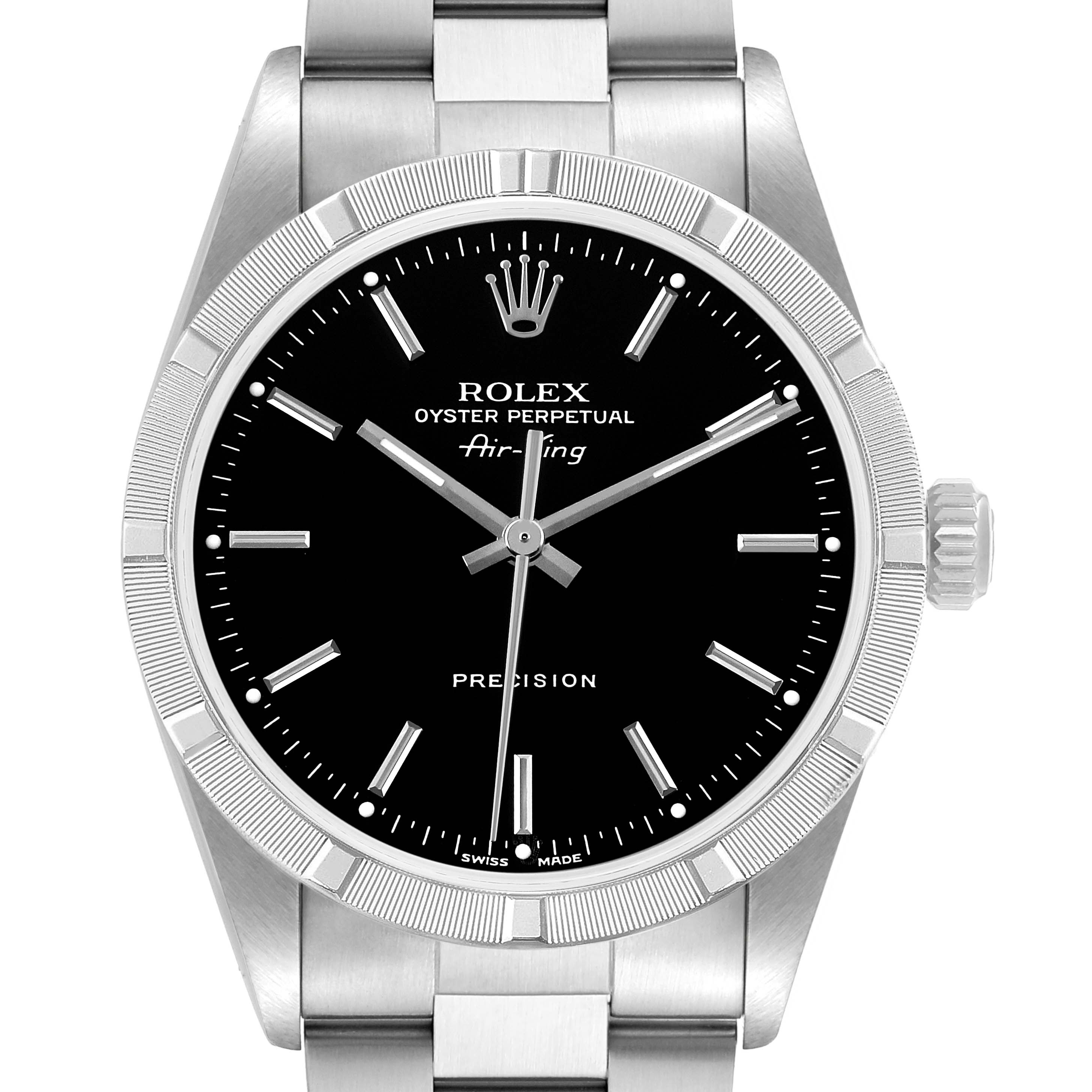 The Rolex Air-King 14010 Men's Stainless Steel Black Dial watch is shown from the front, featuring its face, bezel, crown, and part of the bracelet.
