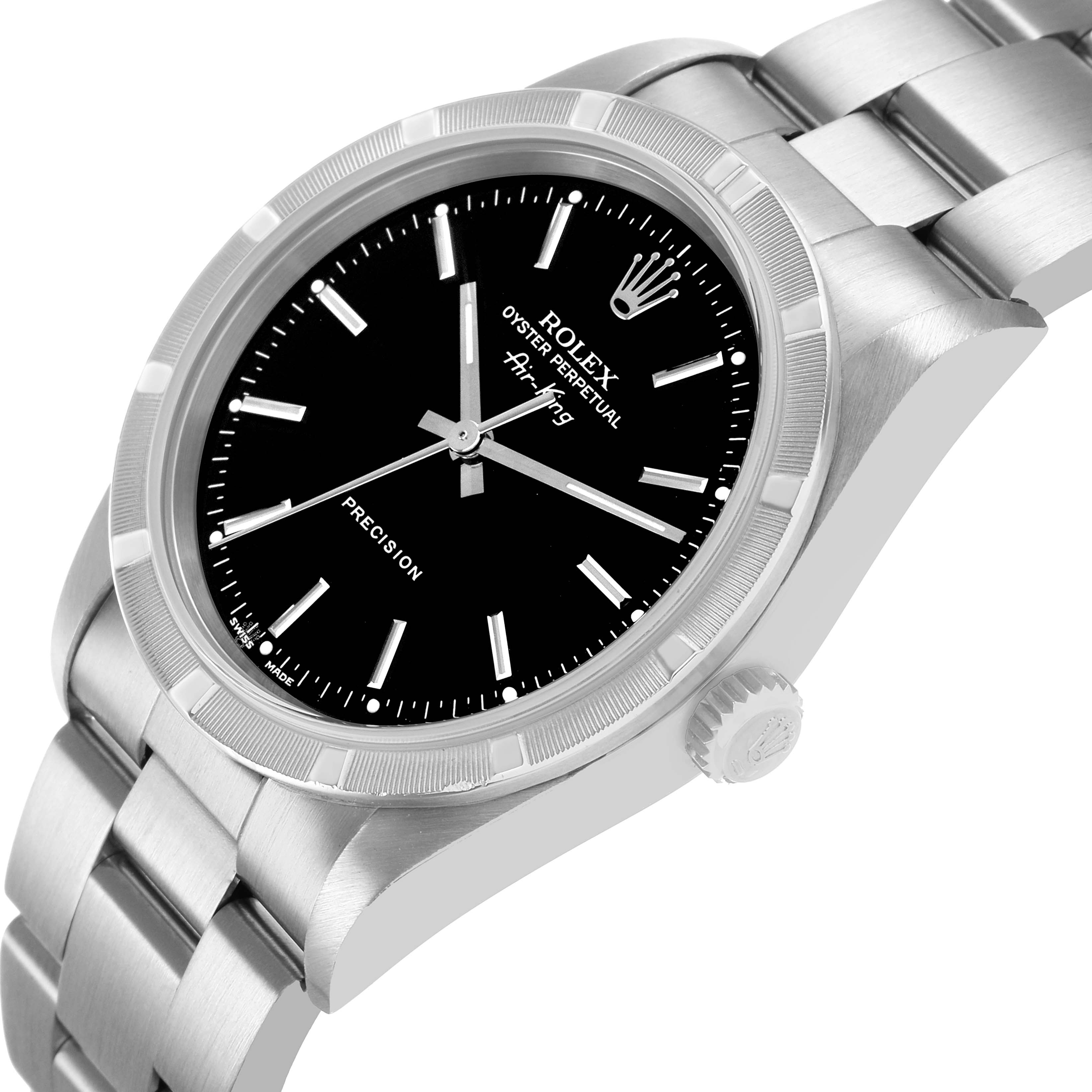 The Rolex Air-King 14010 Men's Stainless Steel Black Dial watch is shown from an angled side view, highlighting the face, bezel, crown, and part of the bracelet.