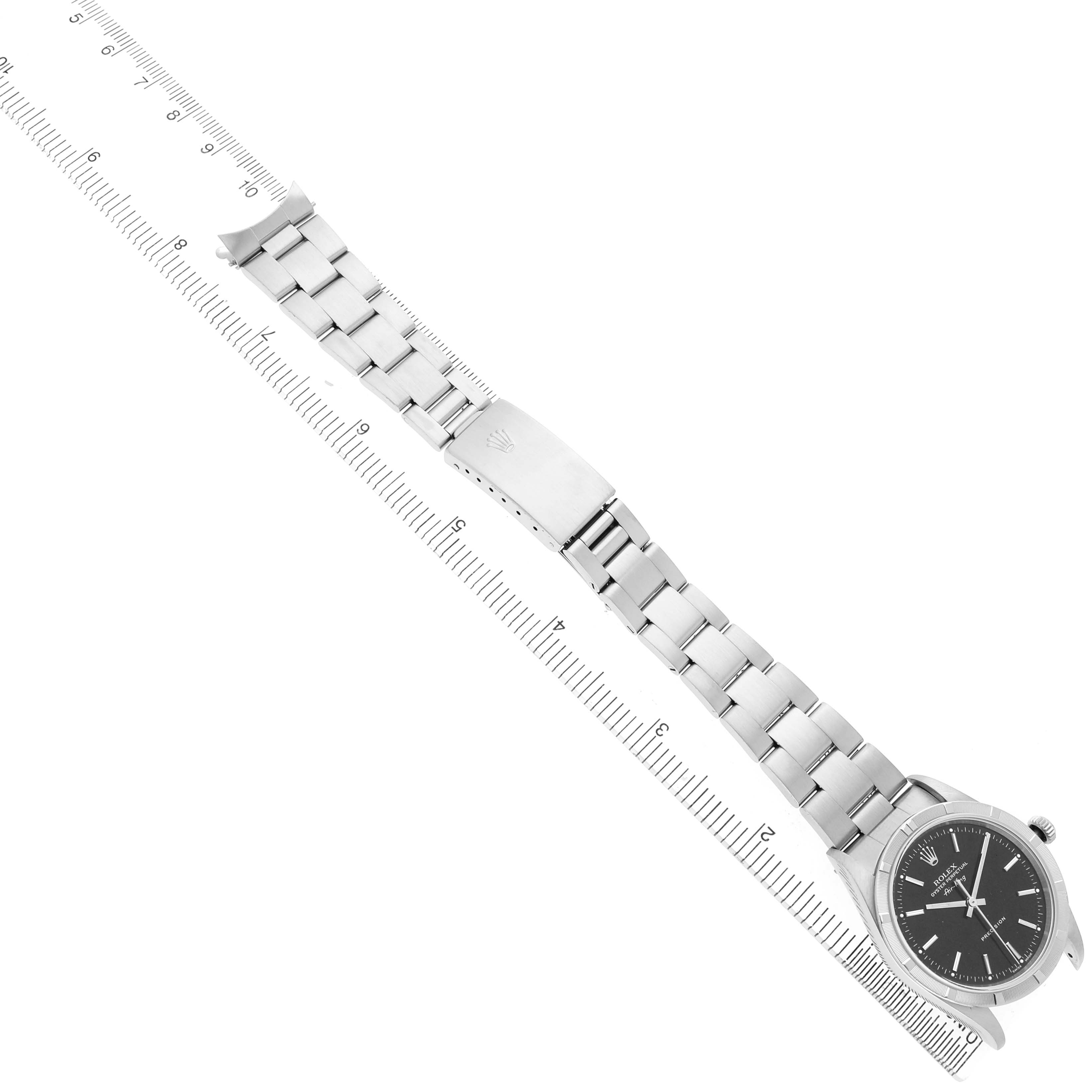The Rolex Air-King 14010 Men's Stainless Steel Black Dial watch is shown from a top-down angle, displaying the full bracelet, clasp, and dial.