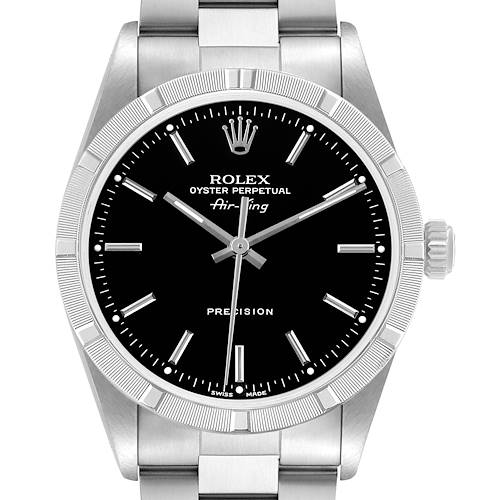 The image shows a front view of the Rolex Air-King 14010 Men's Stainless Steel Black Dial, highlighting the dial, hour markers, crown, and part of the bracelet.