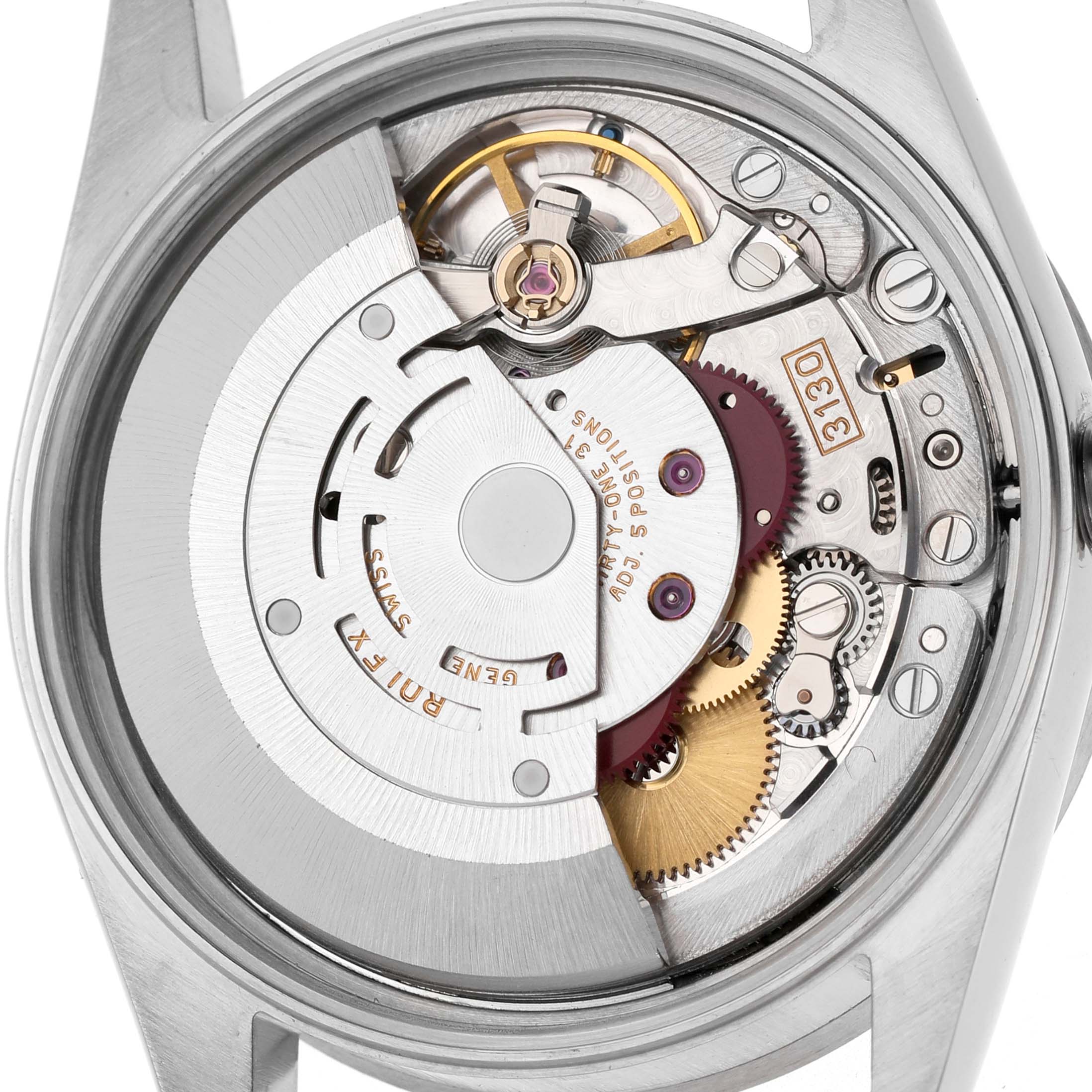 The image shows the movement of a Rolex Air-King 14010 Men's Stainless Steel Black Dial watch from the back, highlighting gears and the rotor.