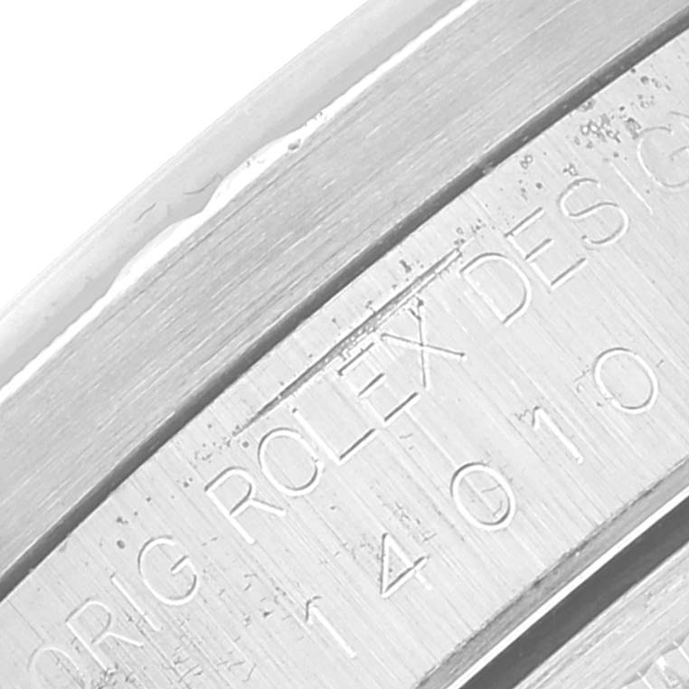 This is a close-up angle showing the engraved text on the case back of the Rolex Air-King 14010 Men's Stainless Steel Silver Dial 14010 Men's Stainless Steel Silver Dial watch.