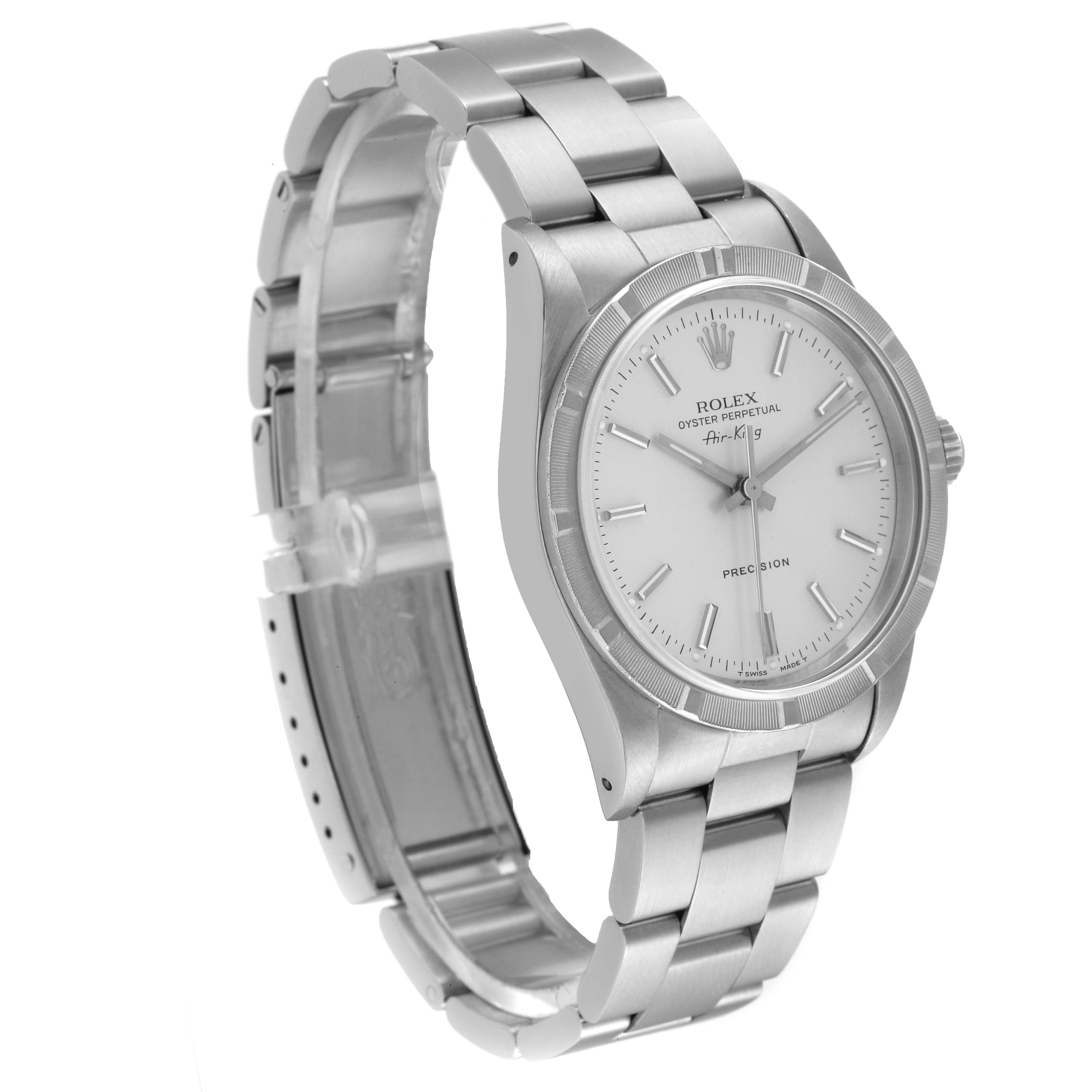 This image shows a Rolex Air-King 14010 Men's Stainless Steel Silver Dial 14010 Men's Stainless Steel Silver Dial watch at a three-quarter angle, highlighting its face, bezel, and bracelet.
