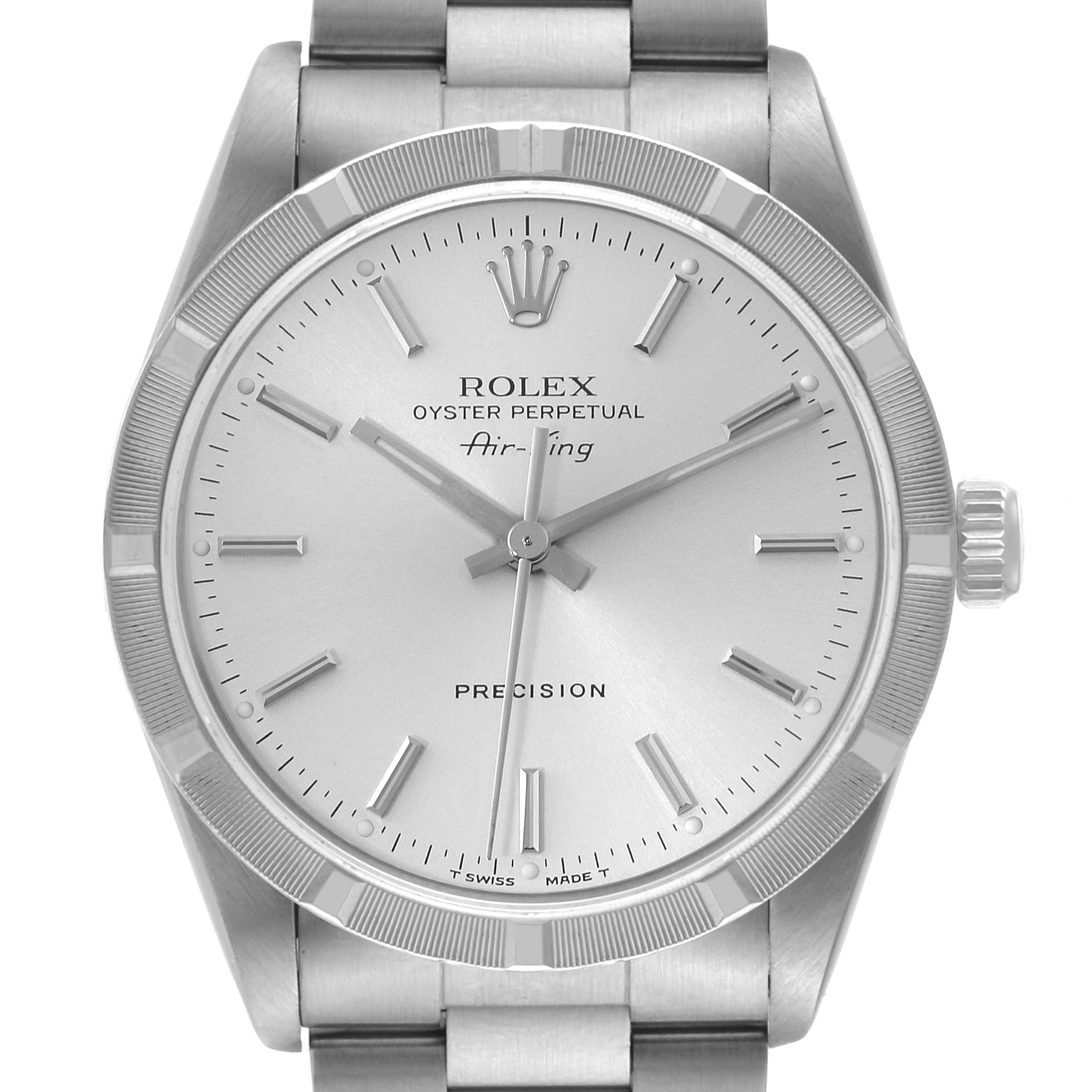 The image shows a frontal view of a Rolex Air-King 14010 Men's Stainless Steel Silver Dial 14010 Men's Stainless Steel Silver Dial watch displaying its dial, crown, and bracelet.
