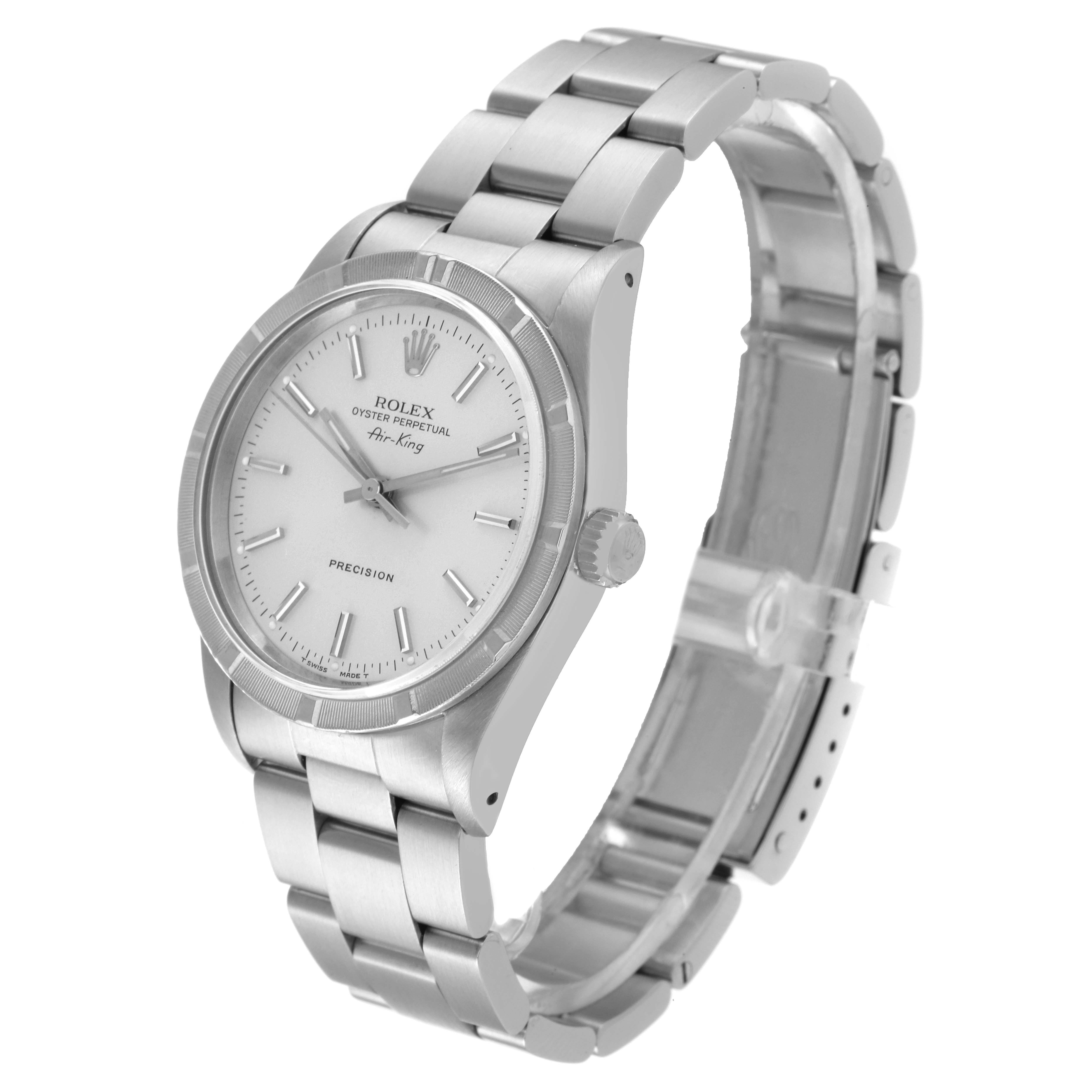 The Rolex Air-King 14010 Men's Stainless Steel Silver Dial 14010 Men's Stainless Steel Silver Dial watch is shown at a slightly tilted angle, displaying the face, crown, and bracelet.