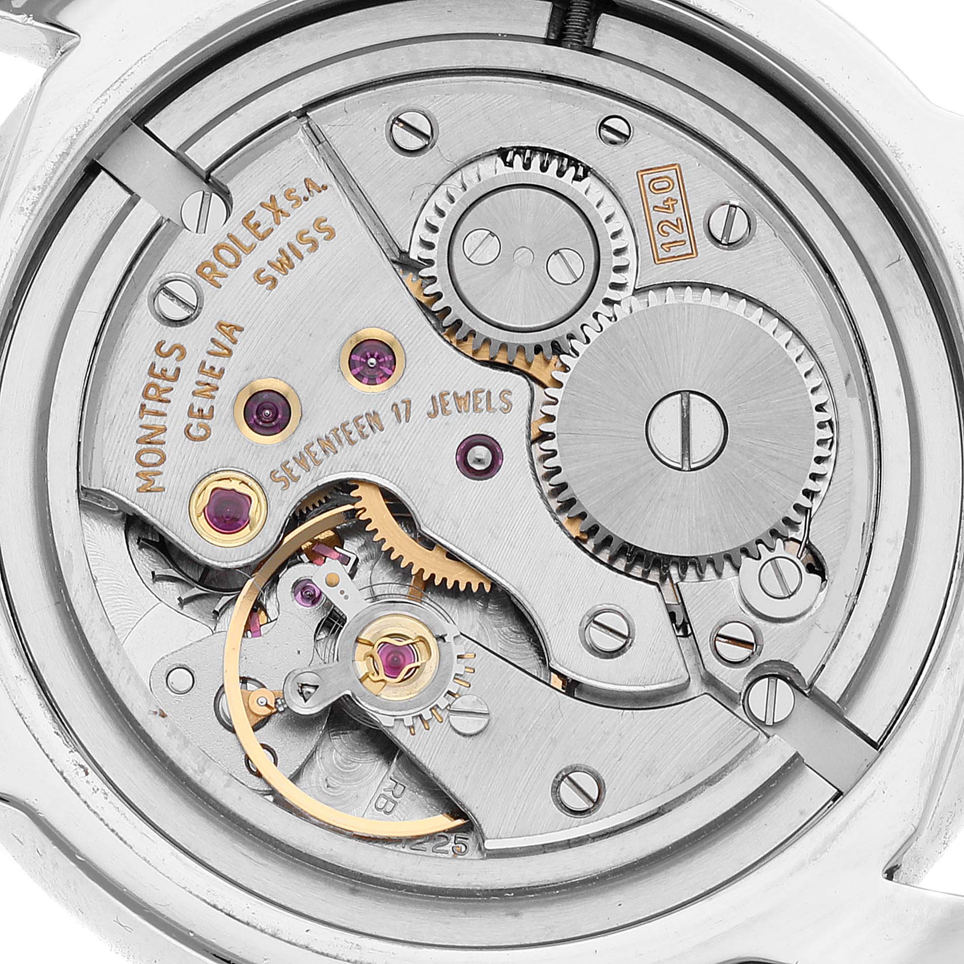 The image shows a close-up view of the mechanical movement of a Rolex Cellini 5240 Men's Platinum Mother of Pearl Dial 5240 Men's Platinum Mother of Pearl Dial watch.