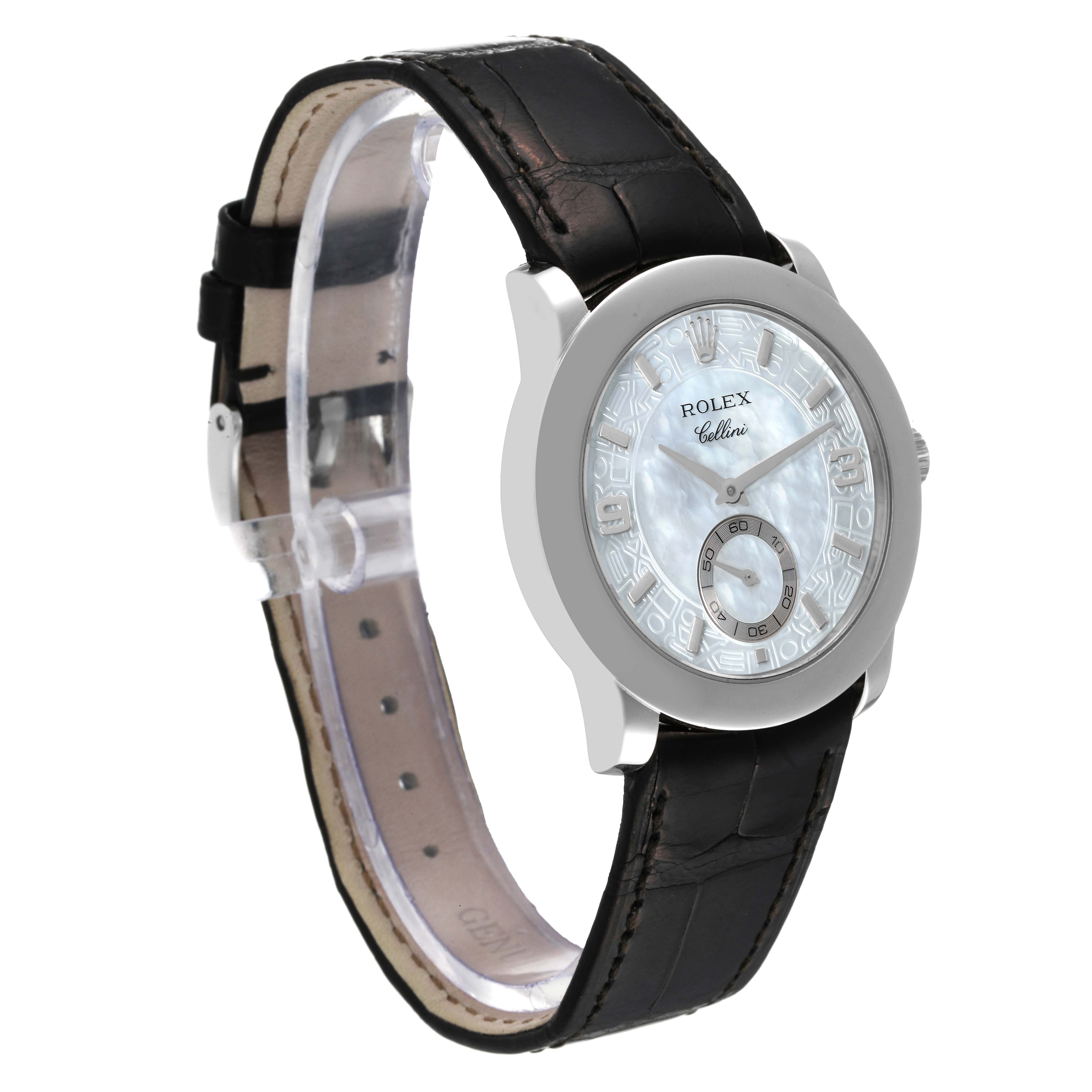 This image shows a side view of a Rolex Cellini 5240 Men's Platinum Mother of Pearl Dial 5240 Men's Platinum Mother of Pearl Dial watch, highlighting its face, case, and leather strap.